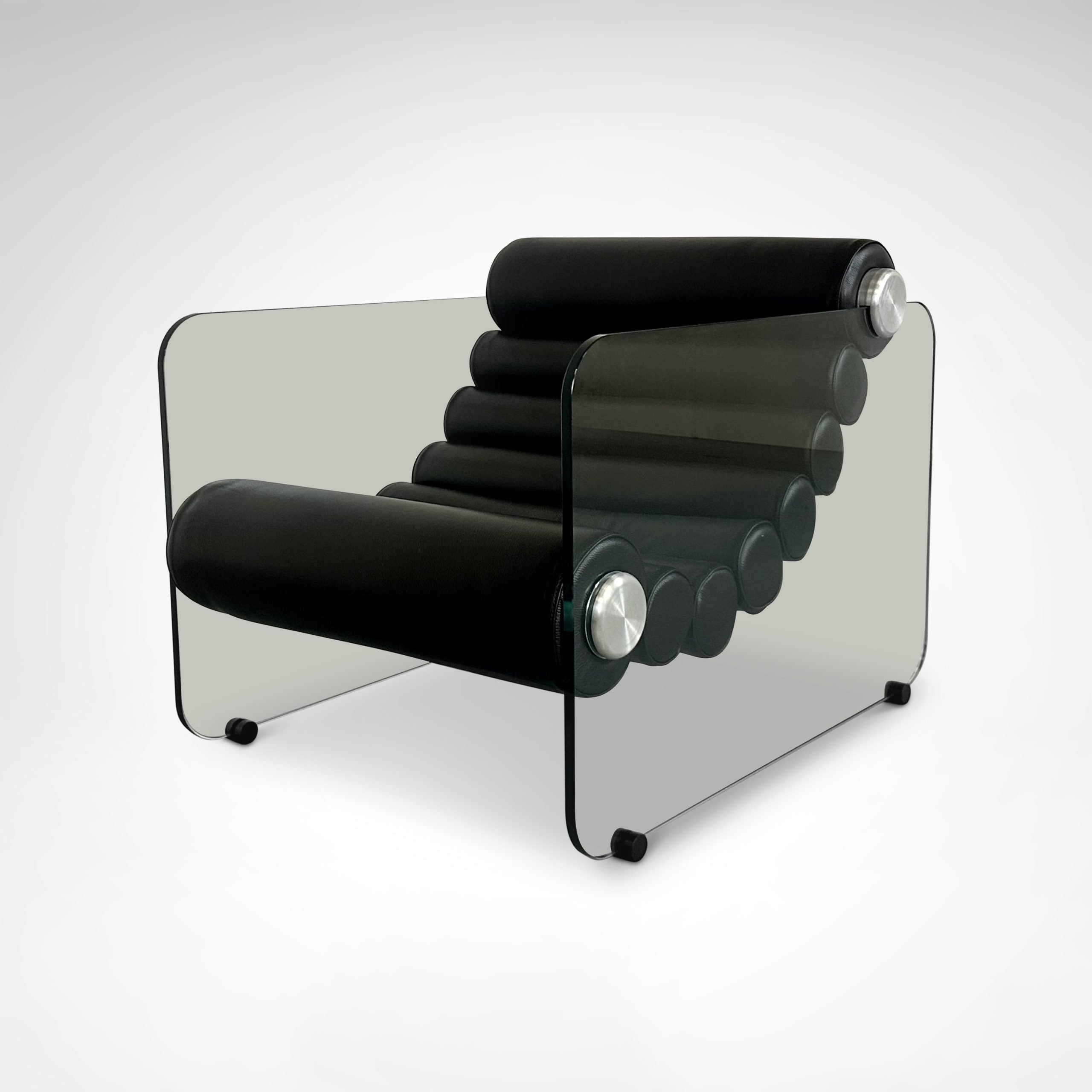 Hyaline leather and glass armchair by Fabio Lenci for Comfortline Italy 1960s — angled view highlighting glass frame and blac