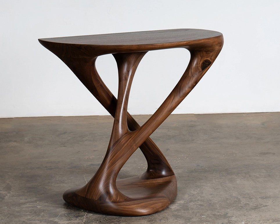 Kova Console in Walnut wood Natural Stain — side angle showing curved wooden base