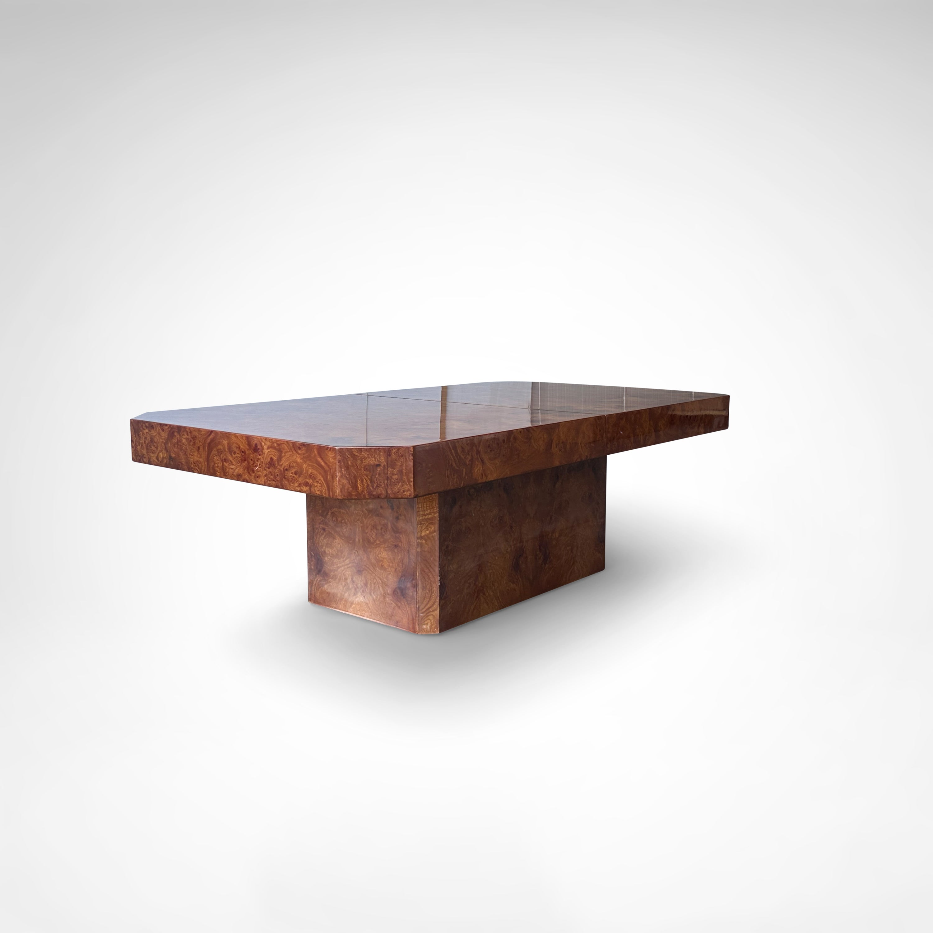 Burl wood coffee table with bar by Maison Lancel France 1980s — angled view highlighting the rich wood grain