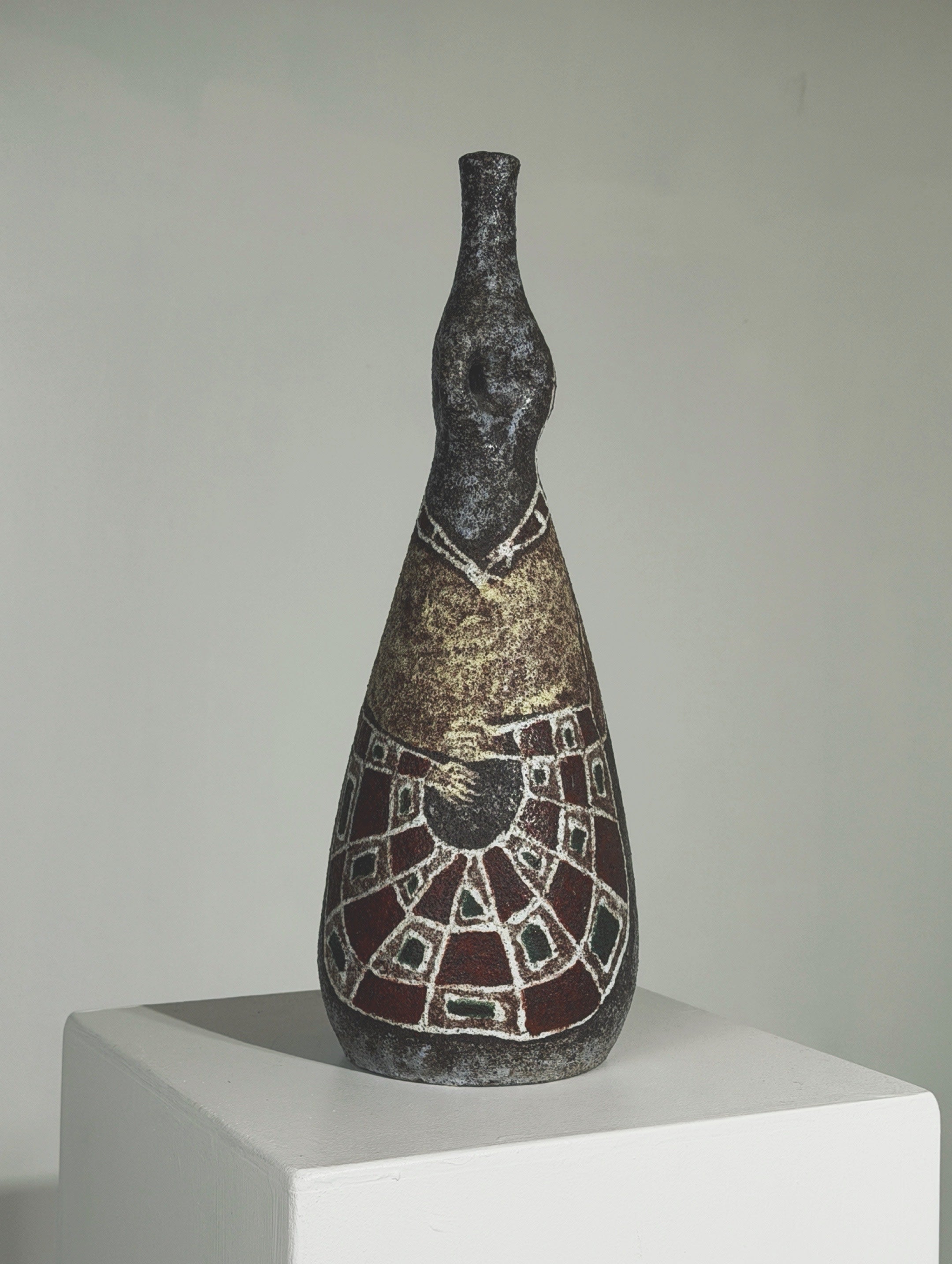 Rare bottle by the potters of Accolay, France, circa 1960 — angled view on white pedestal