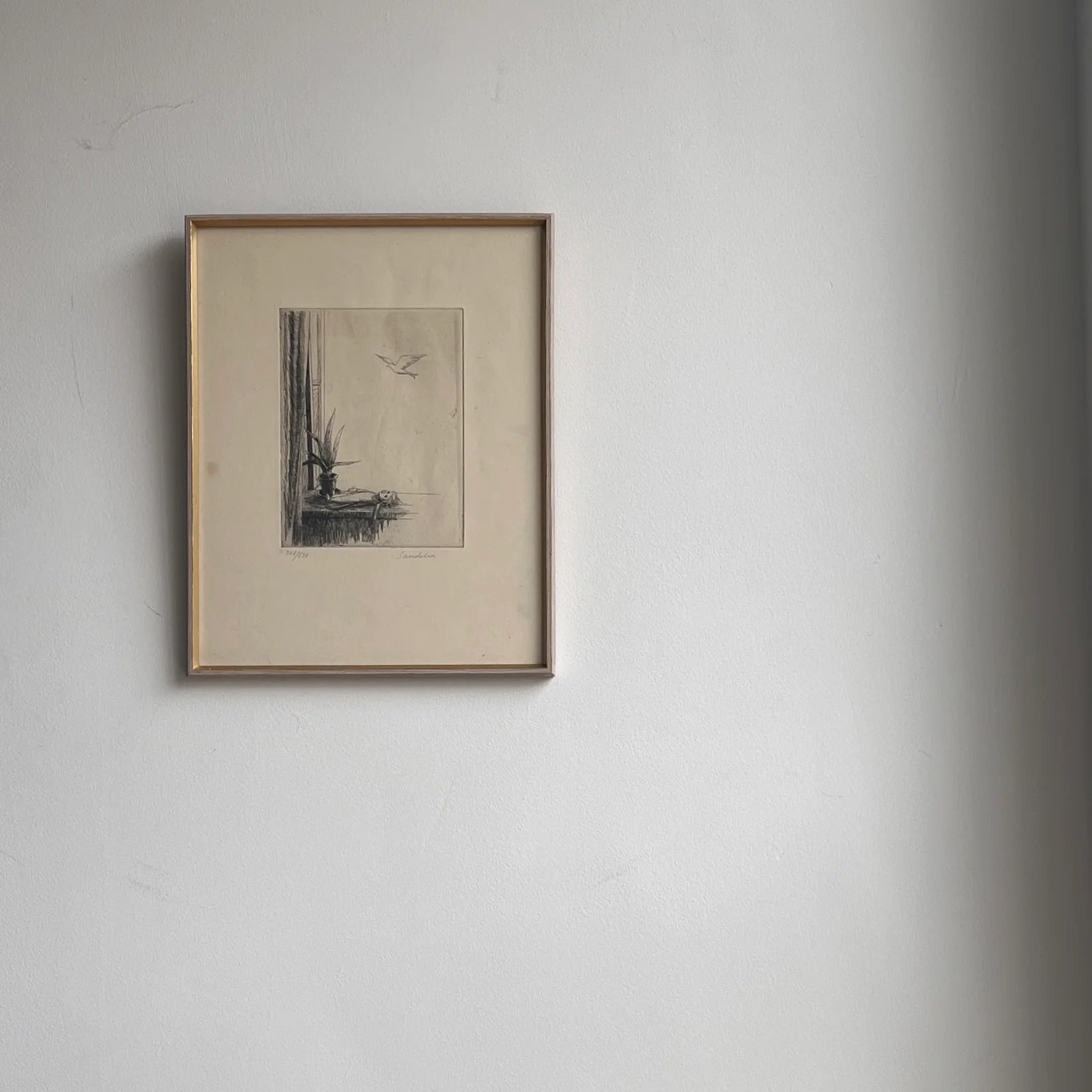 Swedish Etching "Doll on a Table" Börje Sandelin (1926–1970) — framed artwork on white wall