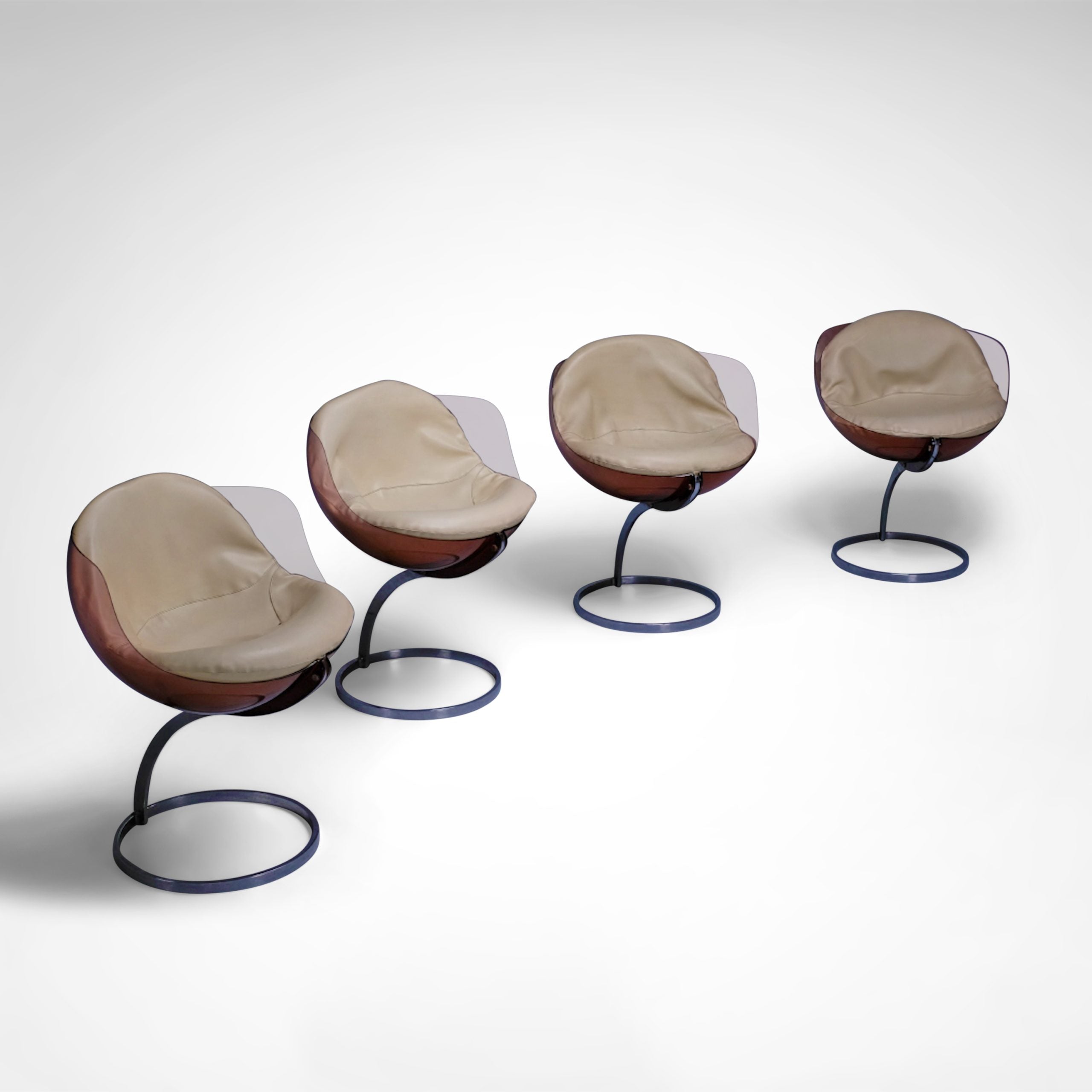 Sphere dining chairs by Boris Tabacoff for Mobilier Modulaire Moderne France 1970s — top view of beige leather seats on metal