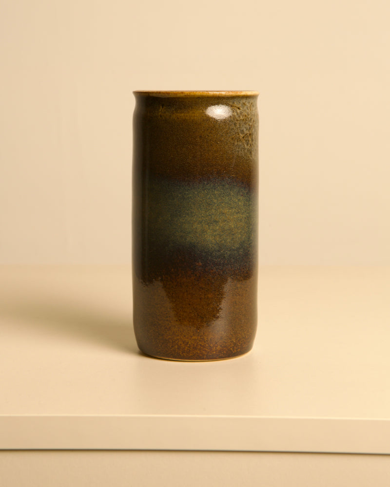 Vintage brown stoneware tube vase by Muguette Rivillon 1960s