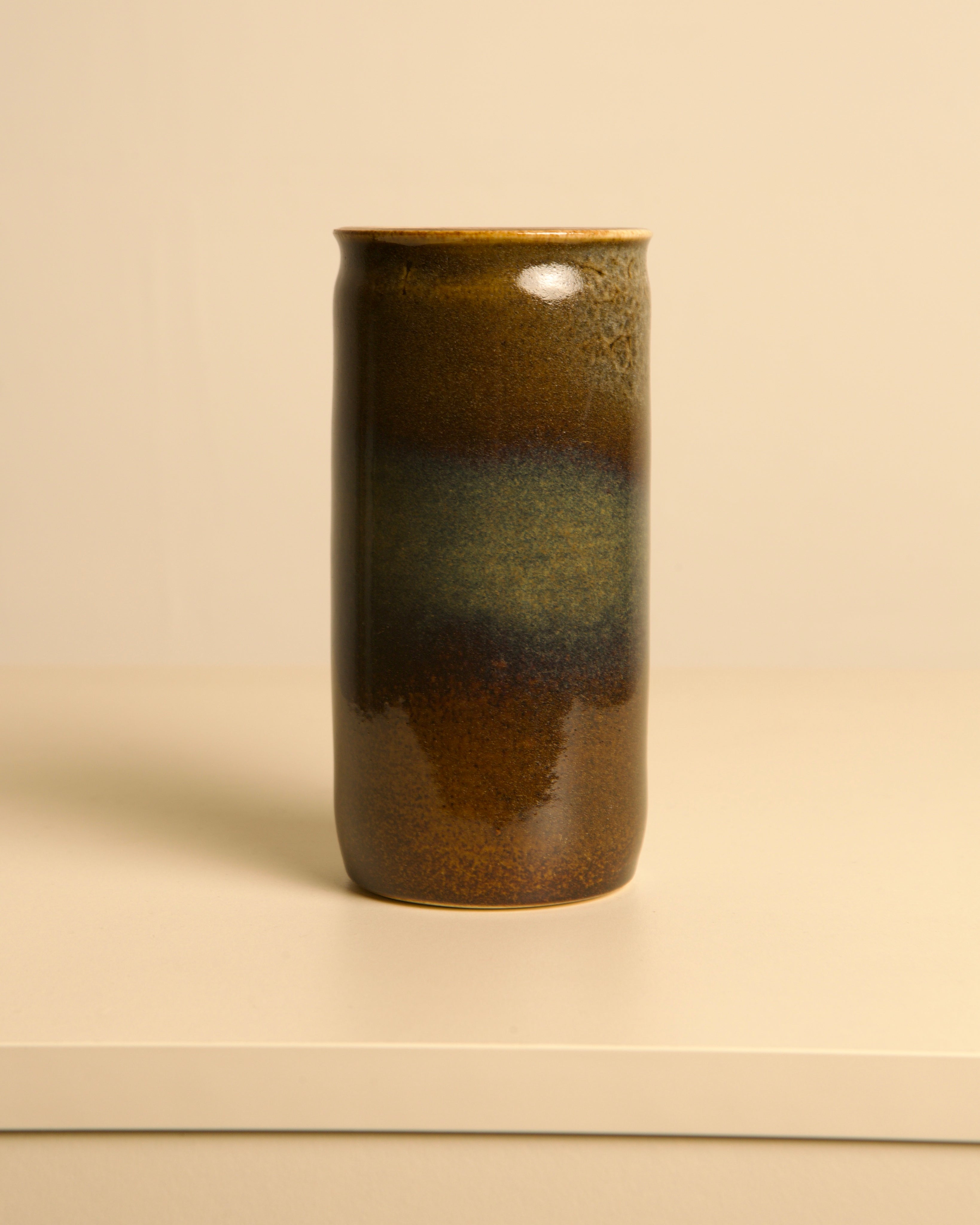 Vintage brown stoneware tube vase by Muguette Rivillon 1960s