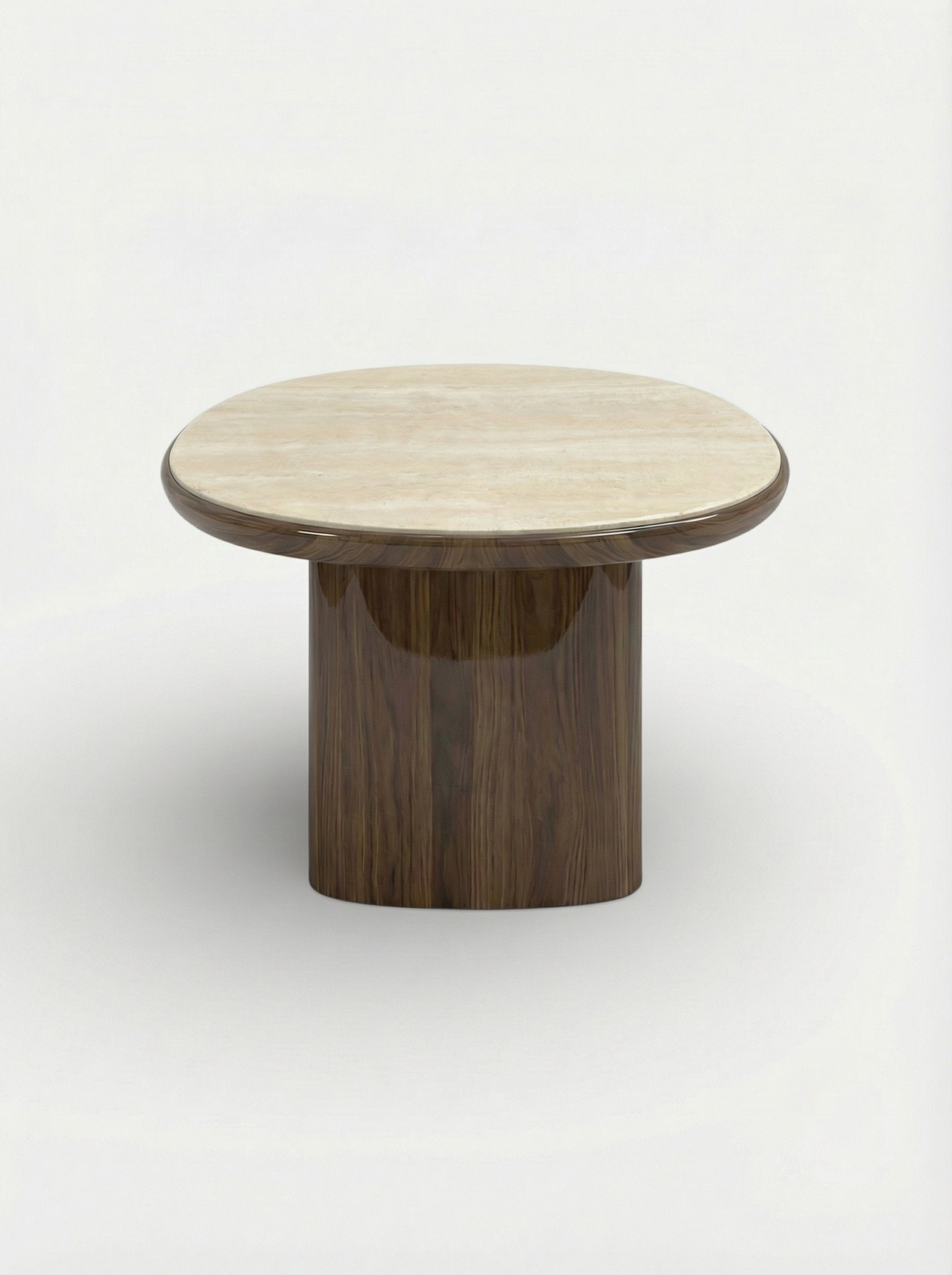 Carla Wood And Travertine Dining Table — side angle showing round top and pedestal base
