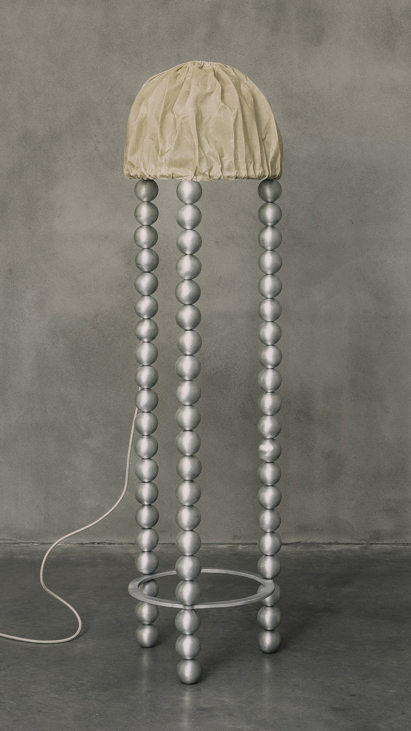ALTER Floor Light | Aluminium Beeswax Linen — close-up of silver spherical base