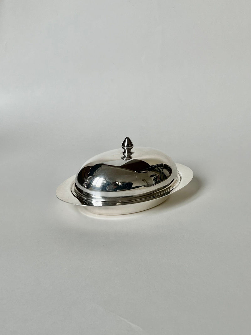 Silver-plated butter dish with domed lid and decorative finial