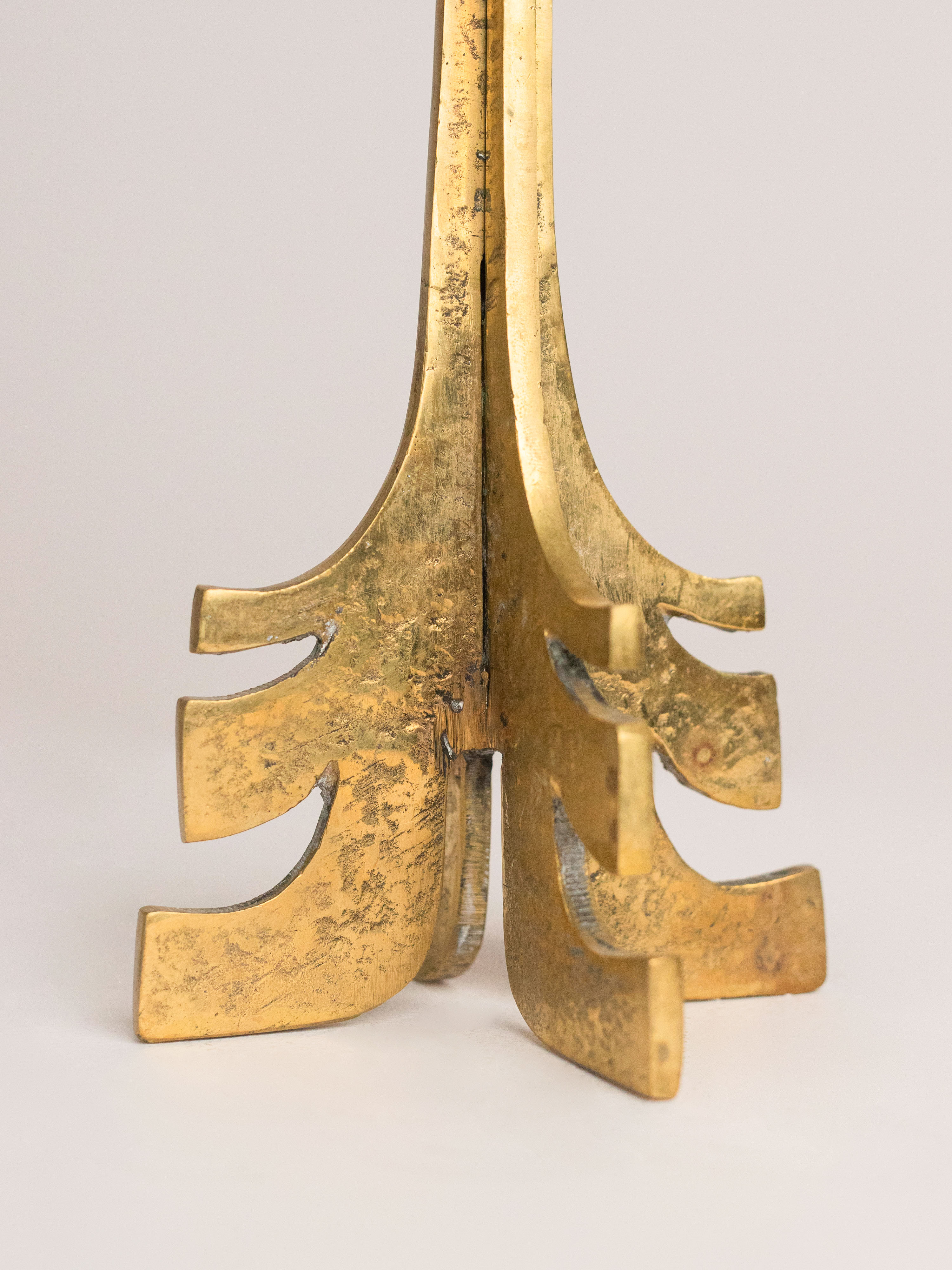 Brutalist Mid Century Brass Candle Holder — close-up of base design and texture