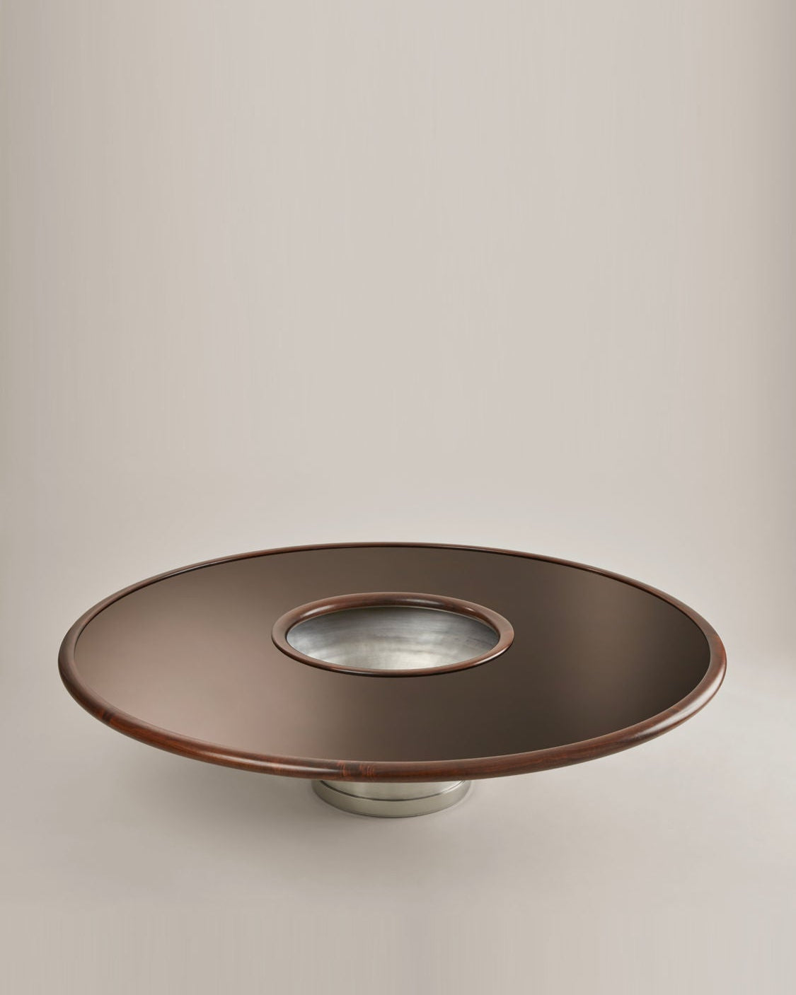 Loulou" Coffee Table, lacquer and walnut — top view with stainless steel base