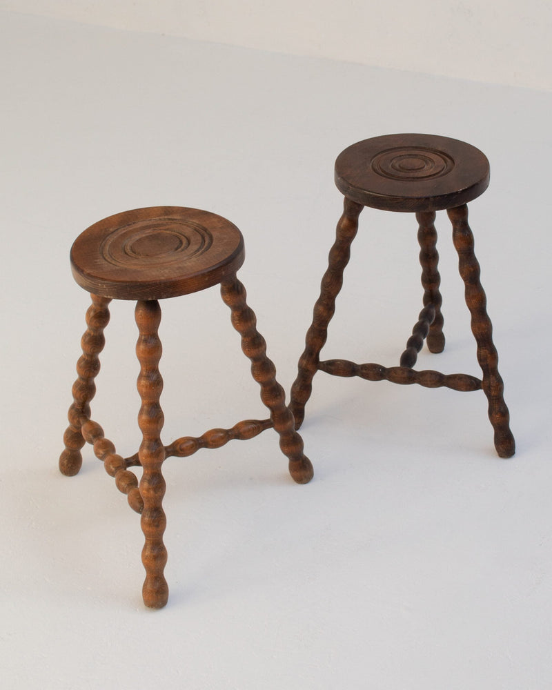 Pair of Vintage Wooden Bobbin Stools by Malata Antwerp | The Oblist — handcrafted wood, brown finish