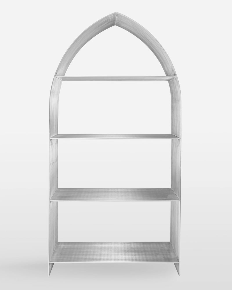 Gray wooden arch bookcase with four shelves front view