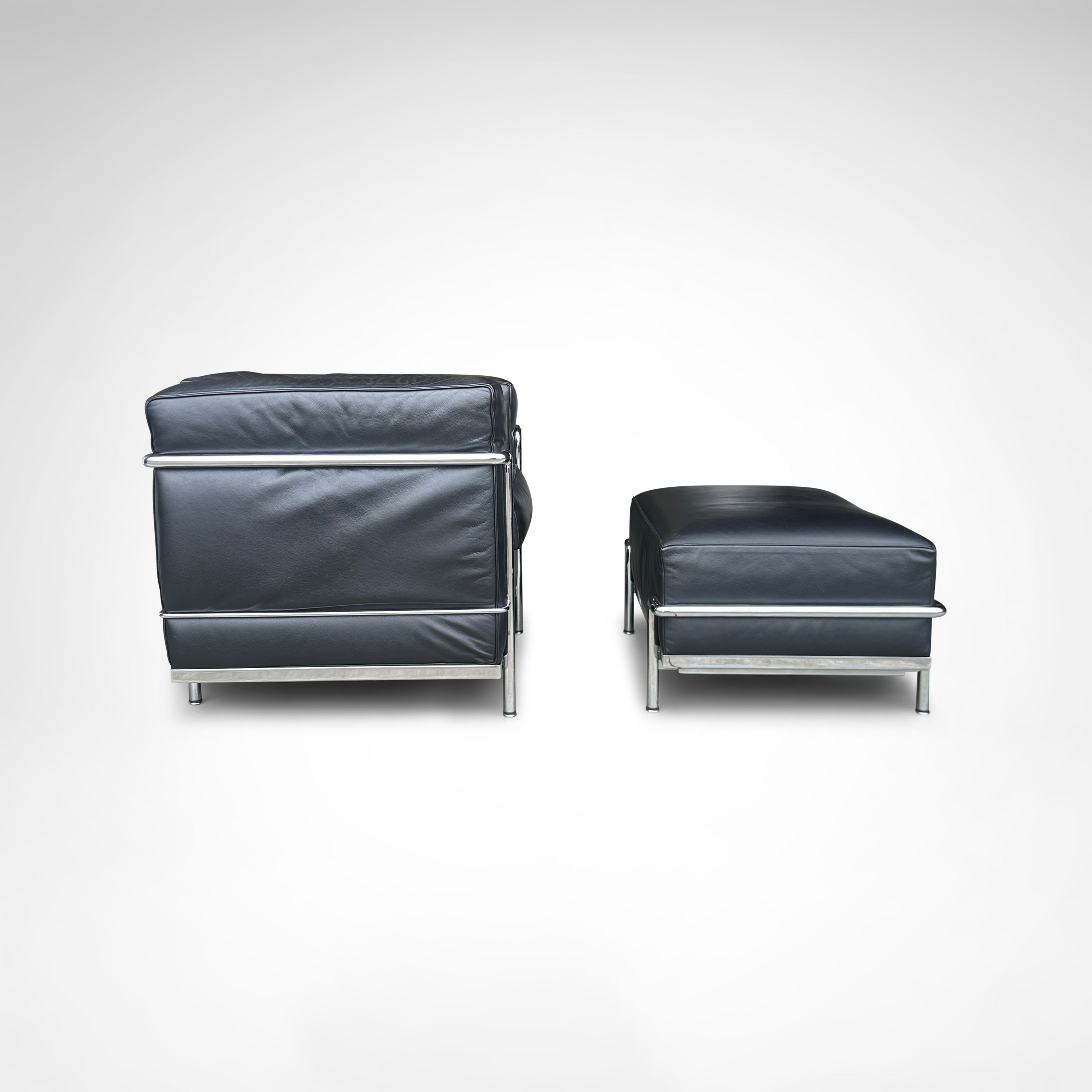 LC2 Armchair and Ottoman by Le Corbusier et al. for Cassina 1990s — top view of black leather upholstery and chrome frame