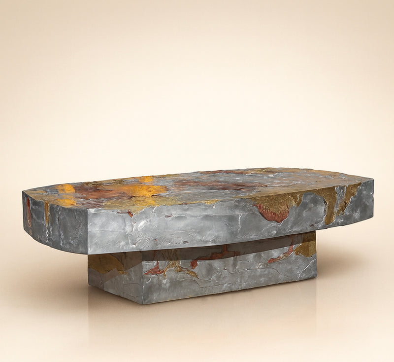 Elemental Patchwork stone coffee table with colorful mineral veins