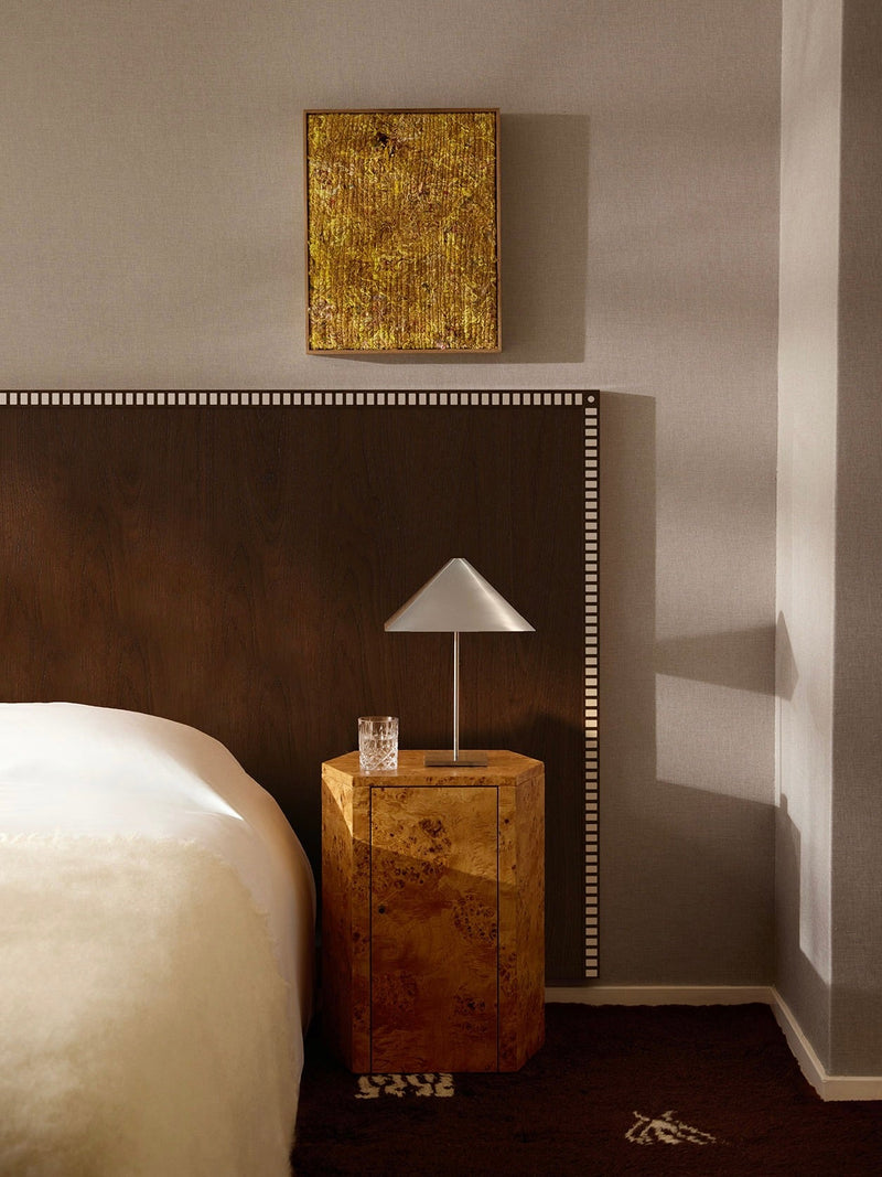 Aquarama Headboard in Chocolate Ash — detail of headboard against textured wall