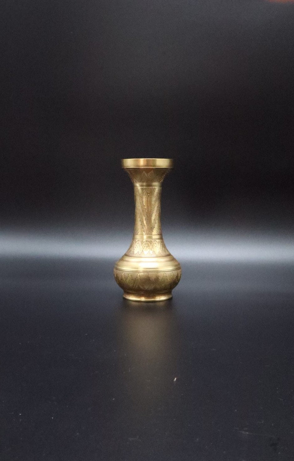 Hand-Etched Vintage Brass Vase with Geometric Motif – India, 1960s — detail view