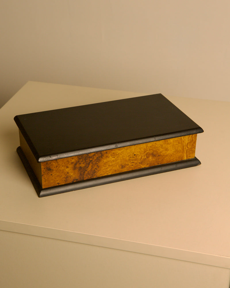 80's Italian rectangular box by Treaptyque | The Oblist — black wood, elm burl effect