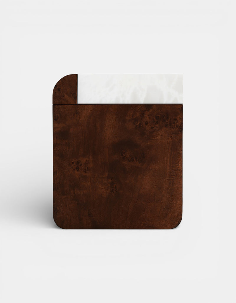Amo' Wooden and Marble Storage Table by Marbera | The Oblist — dark wood, marble top