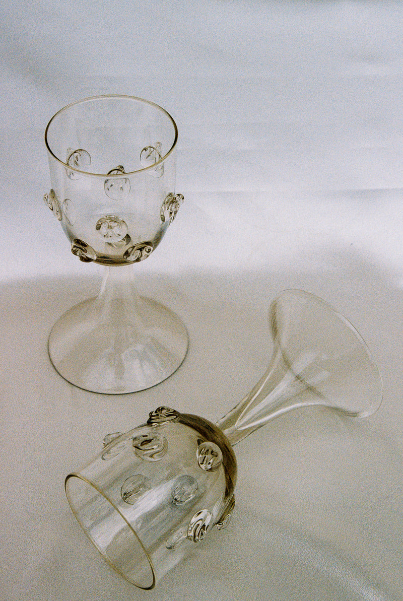 Pair of Mouthblown Wine Goblets - Dots — close-up of clear glass with dot details