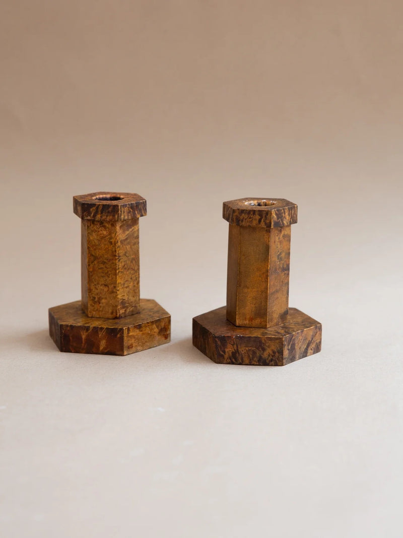 1930s Hexagonal Candlesticks in Elm Burl — close-up of textured wood surface