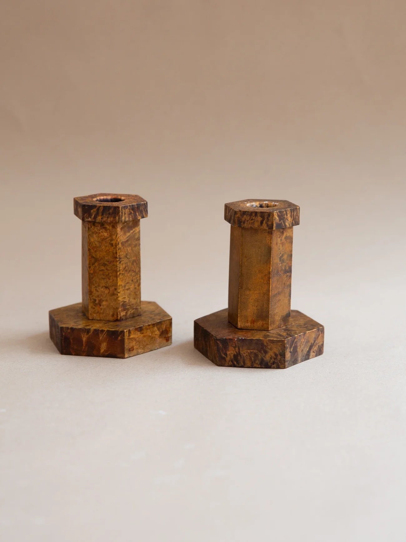 1930s Hexagonal Candlesticks in Elm Burl — close-up of textured wood surface