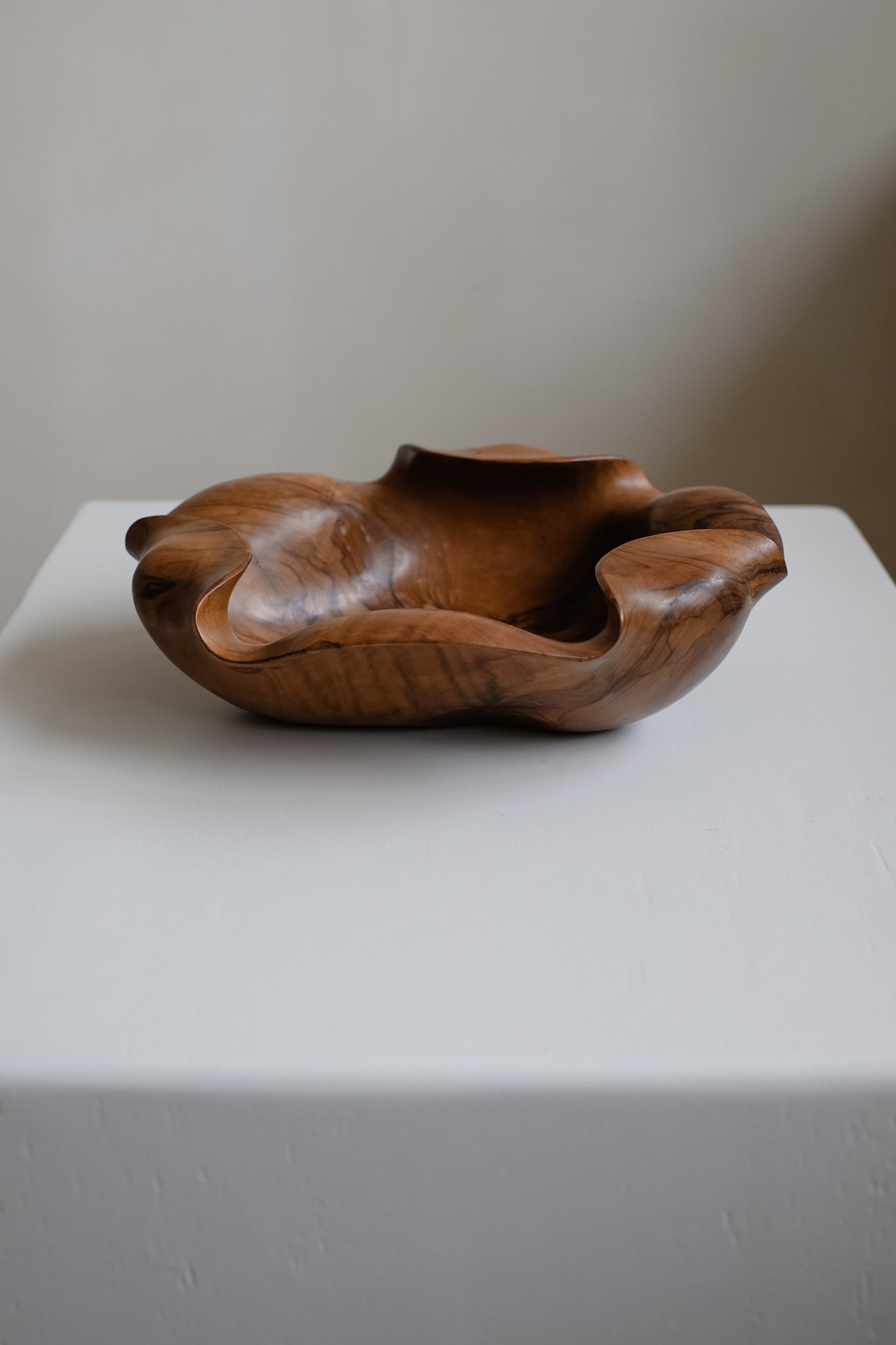 Wooden Bowl, 1960s — top view on white pedestal