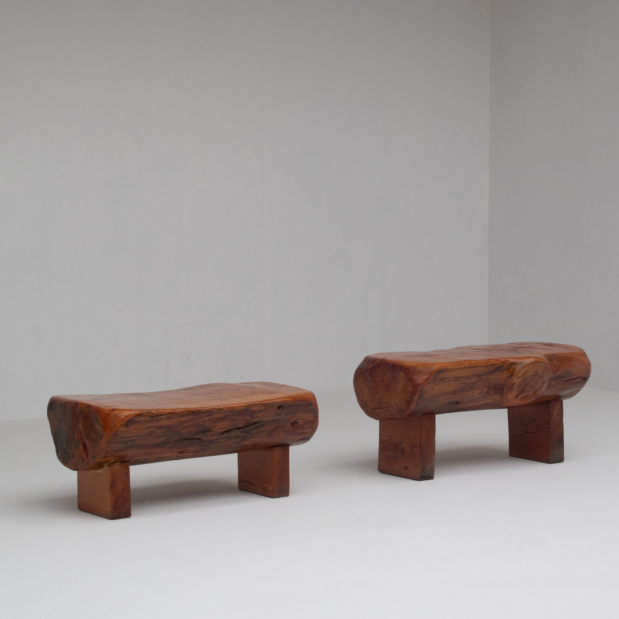 Pair of Rustic Wooden Sculptural Benches in Solid Wood — top view of solid wood benches