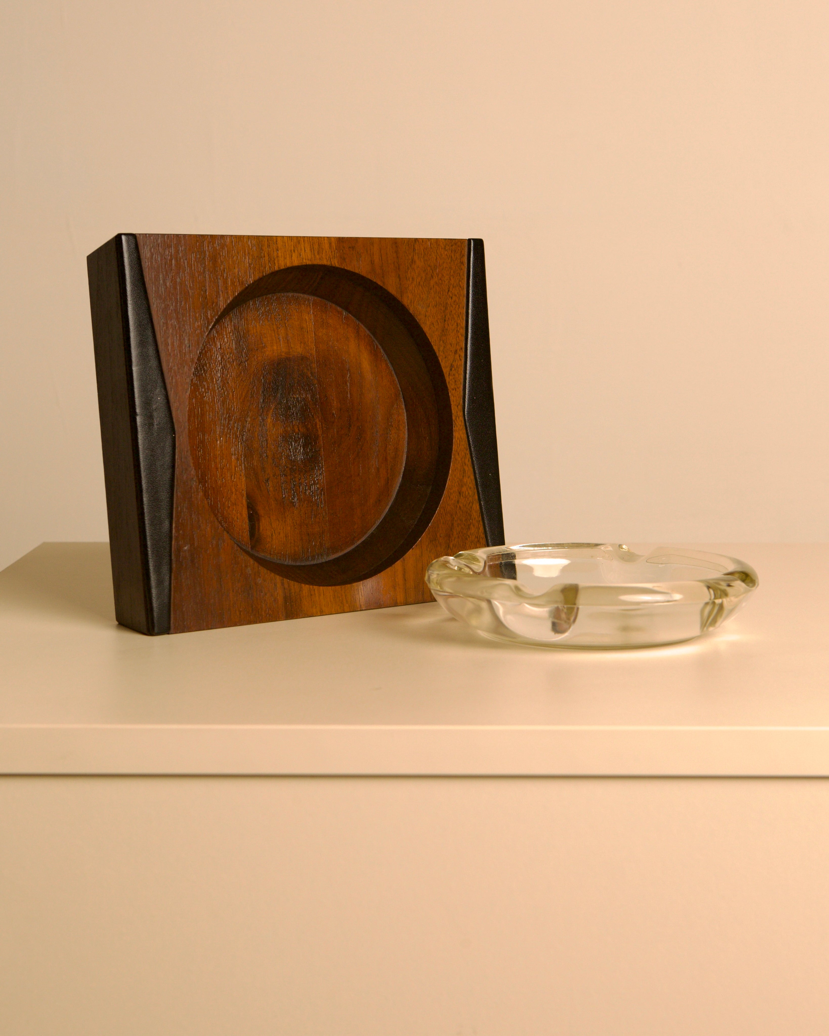 Italian solid wood and black leather ashtray, 1960s — lifestyle setting