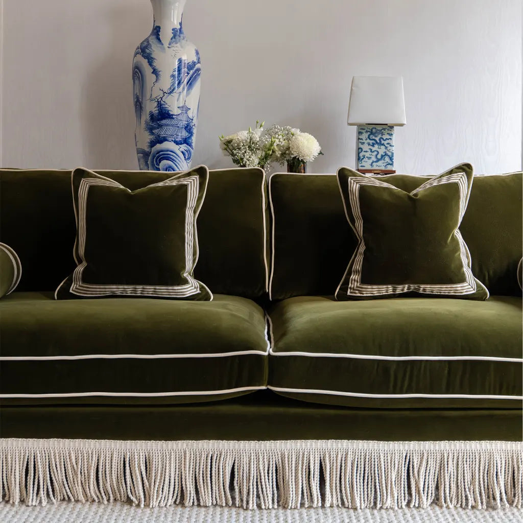 Orlando Sofa 230 cm - Safari Green Velvet with Fringes & Houlès trimmings — side angle