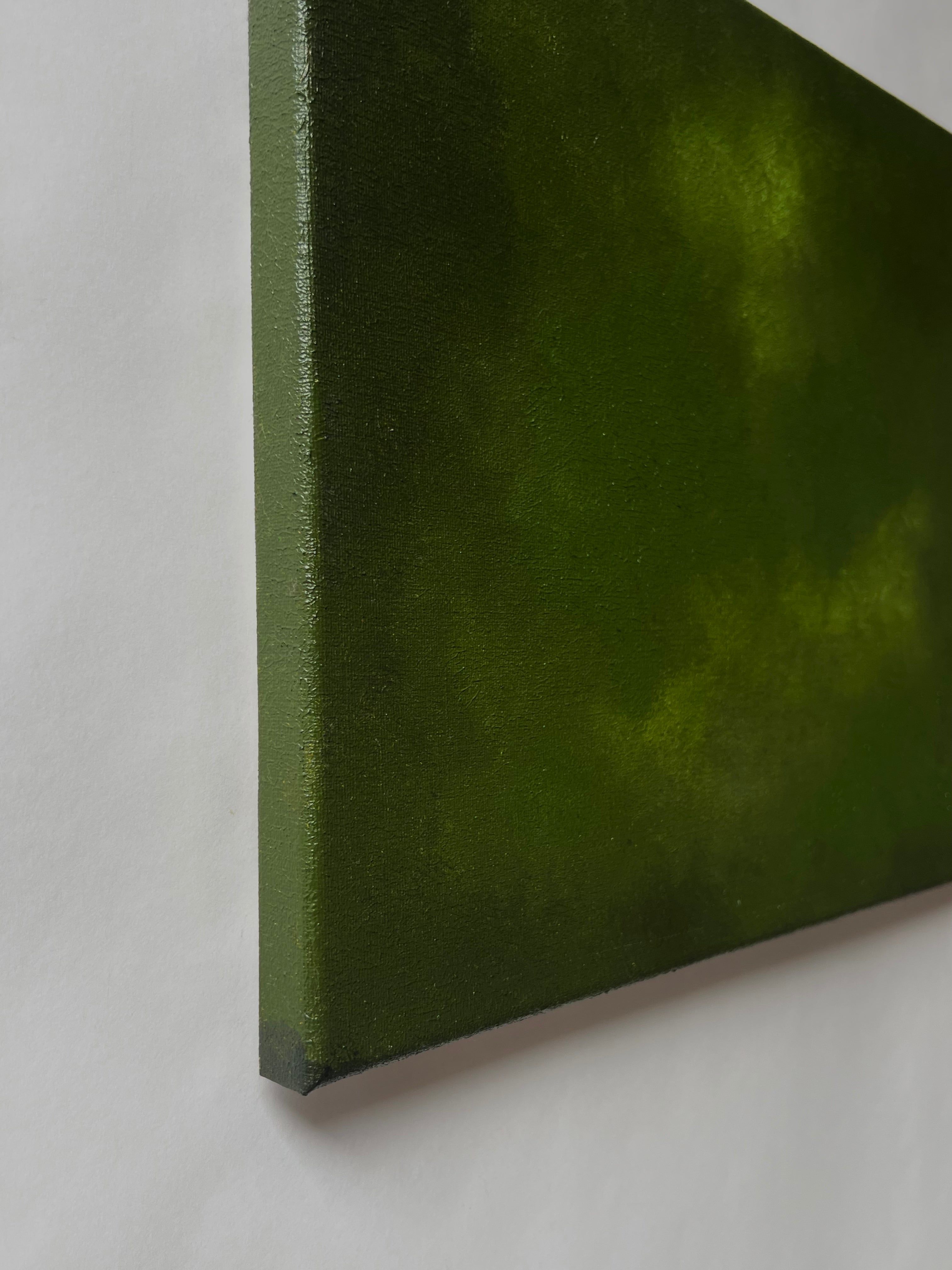 Oil painting by Aimée Adriaansen, Everlude III (2025) — angled view highlighting green canvas edge
