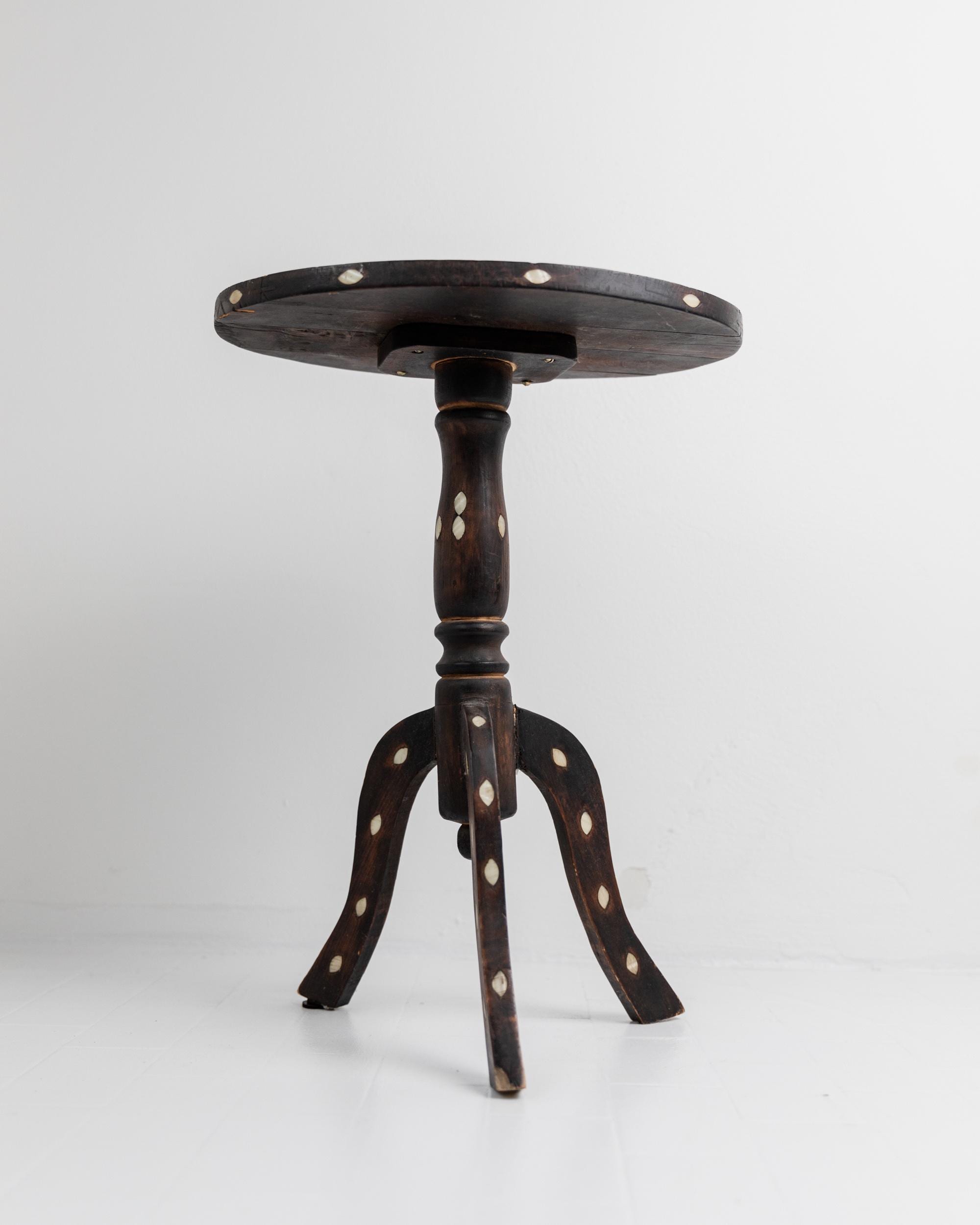 Vintage Early 19th Century Side Table, Dark Wood with Mother of Pearl Inlay, Three Legged Oval Form, Ethno Style Furniture, Gift Idea — view 9
