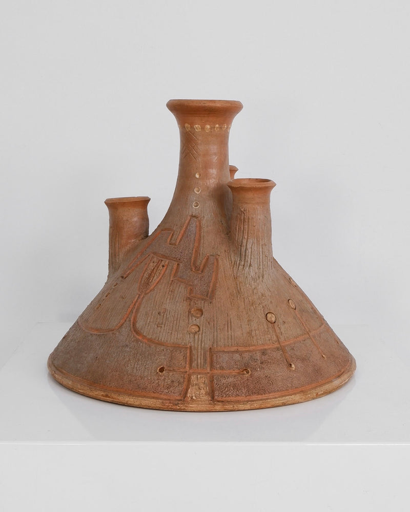 Terracotta ceramic candelabra with geometric Art Deco patterns