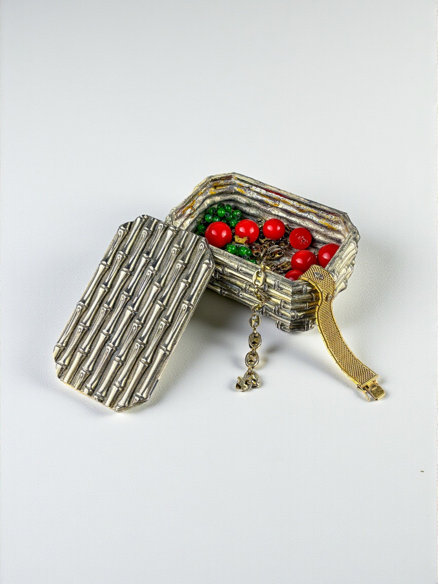 Maison Baguès Silver-Plated Faux Bamboo Box, France, 1960s — back view with colorful marbles inside