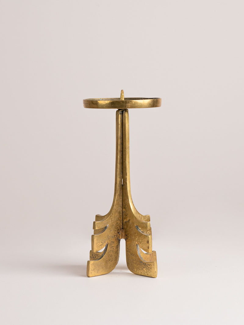 Brutalist Mid Century Brass Candle Holder — front view highlighting brass finish