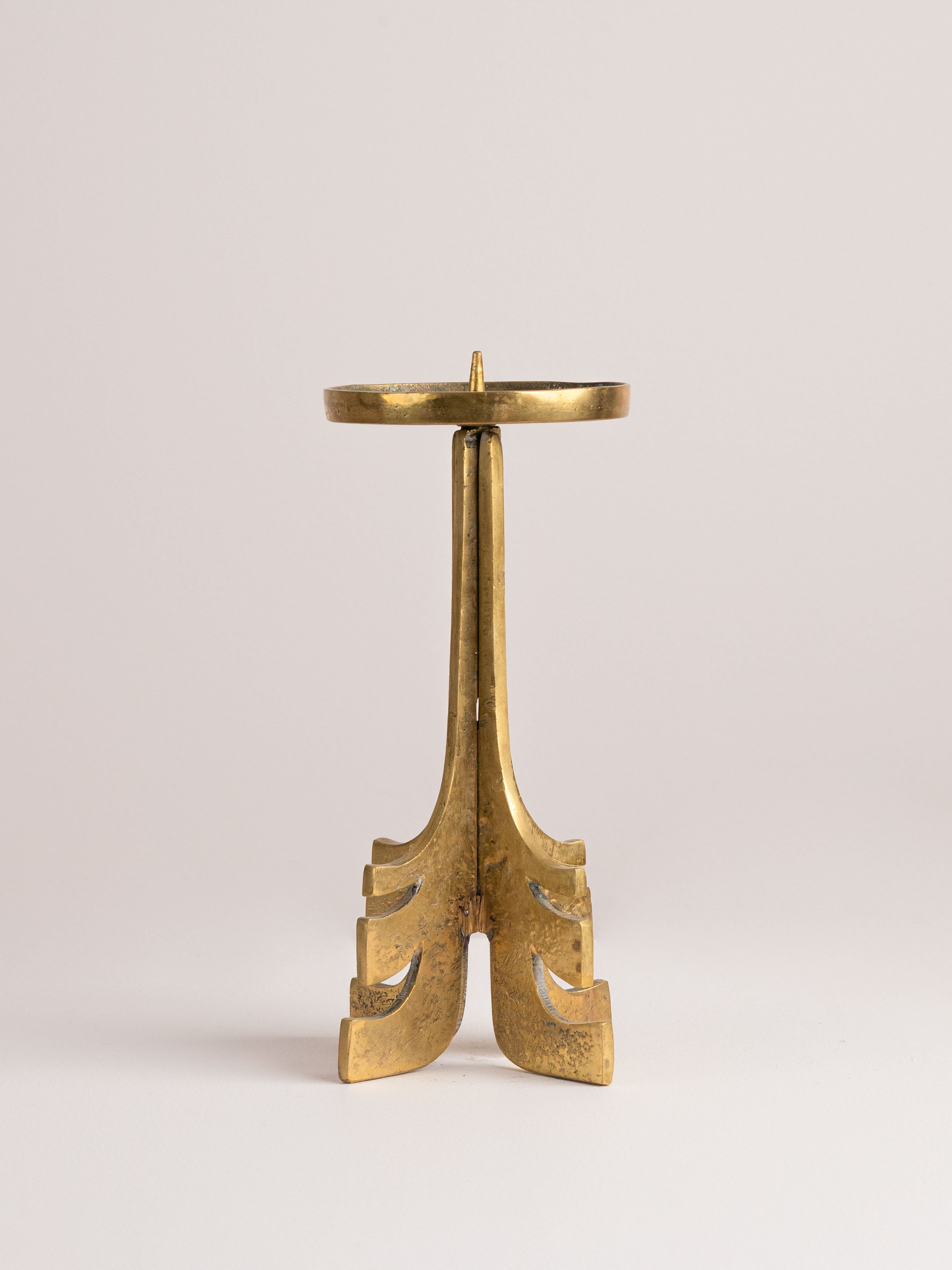 Brutalist Mid Century Brass Candle Holder — front view highlighting brass finish