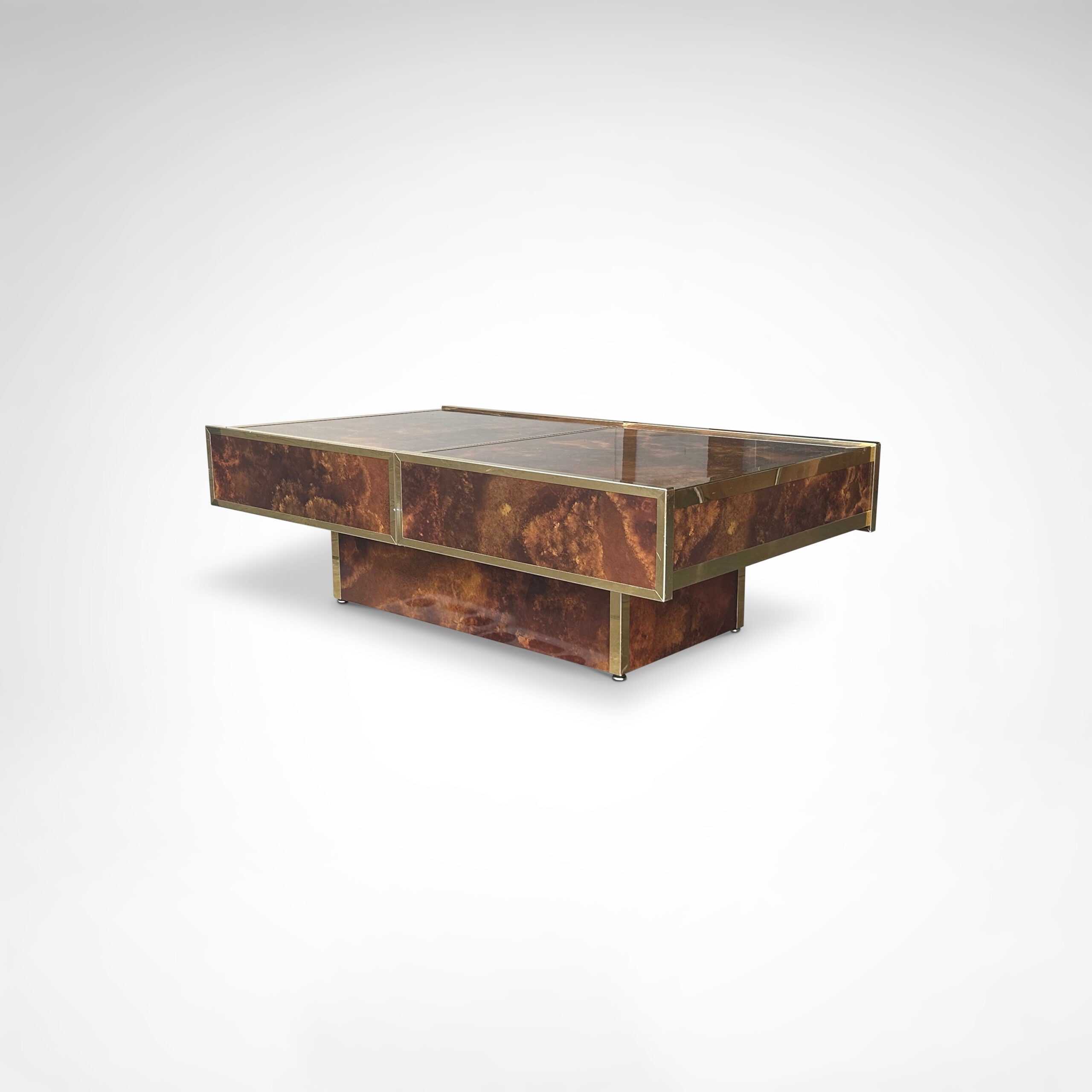 Burl Wood and Brass Coffee Table with Integrated Bar by Maison Lancel by Redesignable | The Oblist