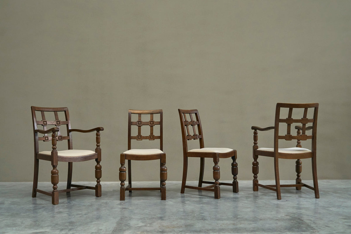 Beautiful Set of 4 French Chairs in Solid Oak and Velvet 1940s — detail view