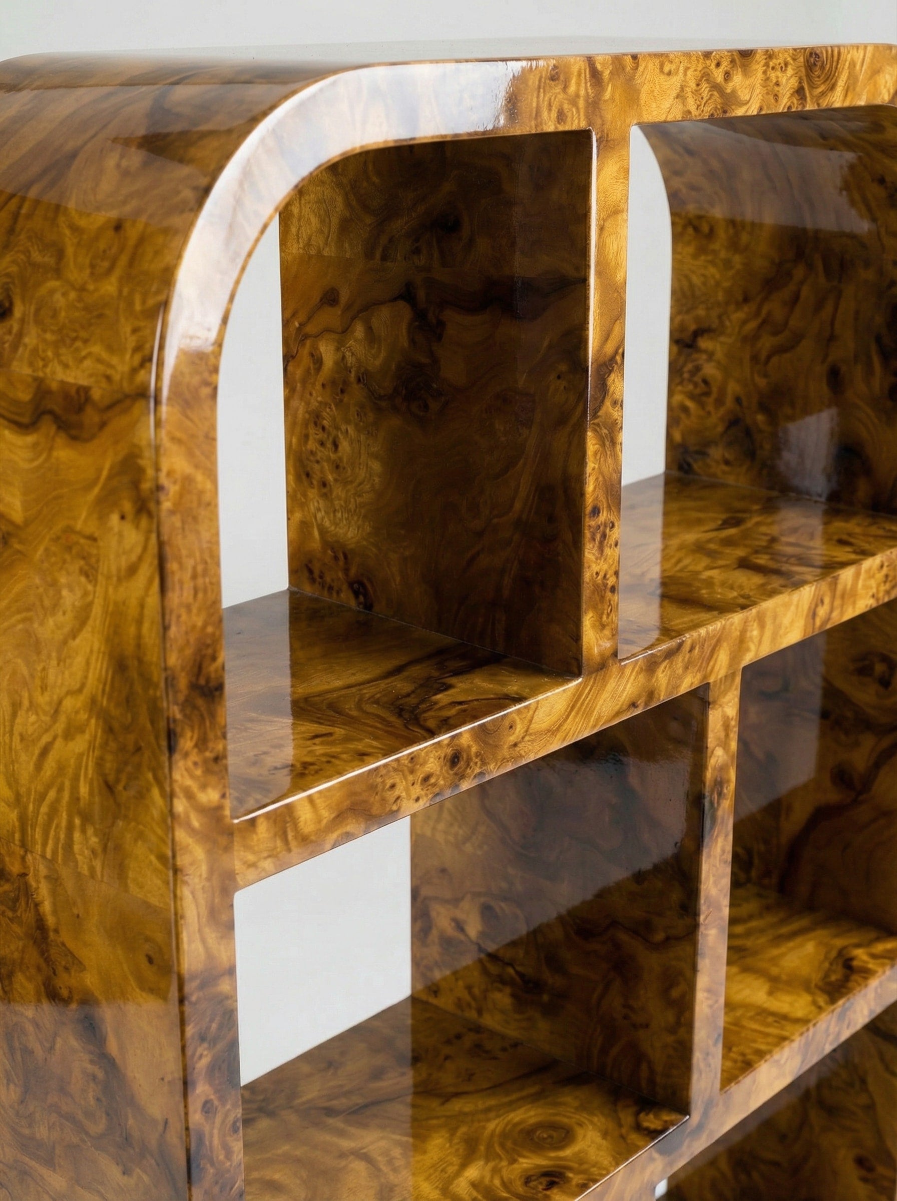 Calisto' Olive Burl Bookcase — side angle highlighting curved wood edges