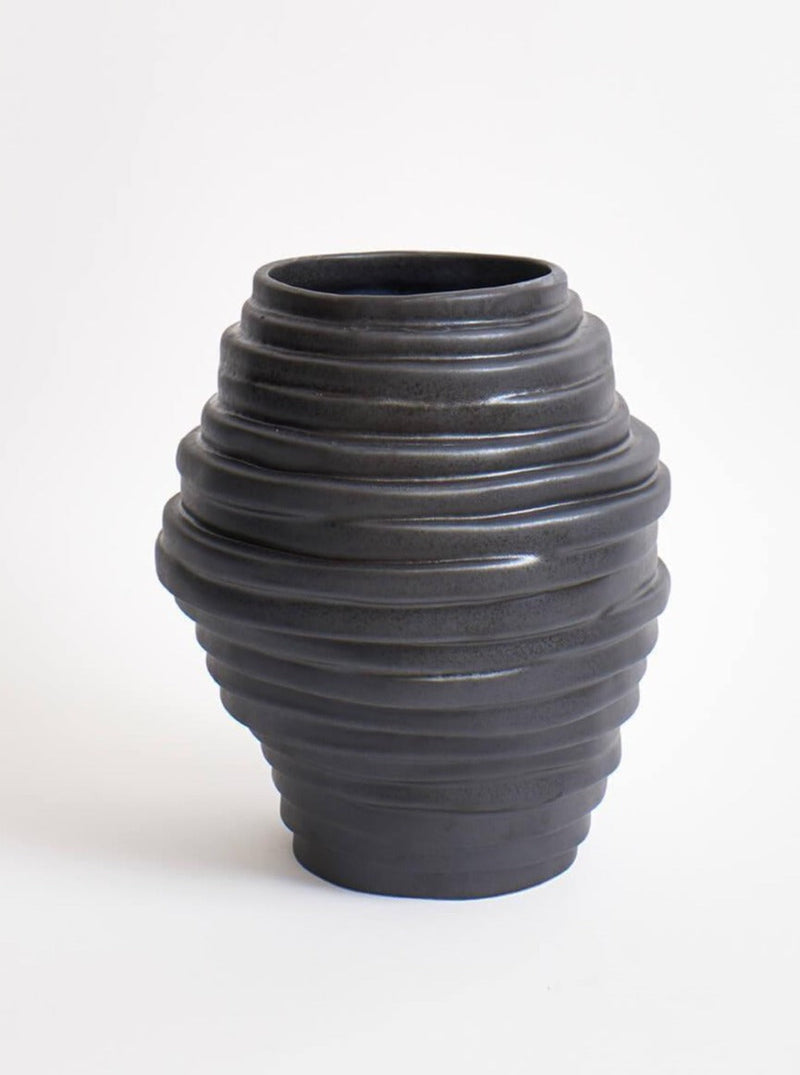 Alfonso Vase in Graphite — close-up of ridged ceramic texture