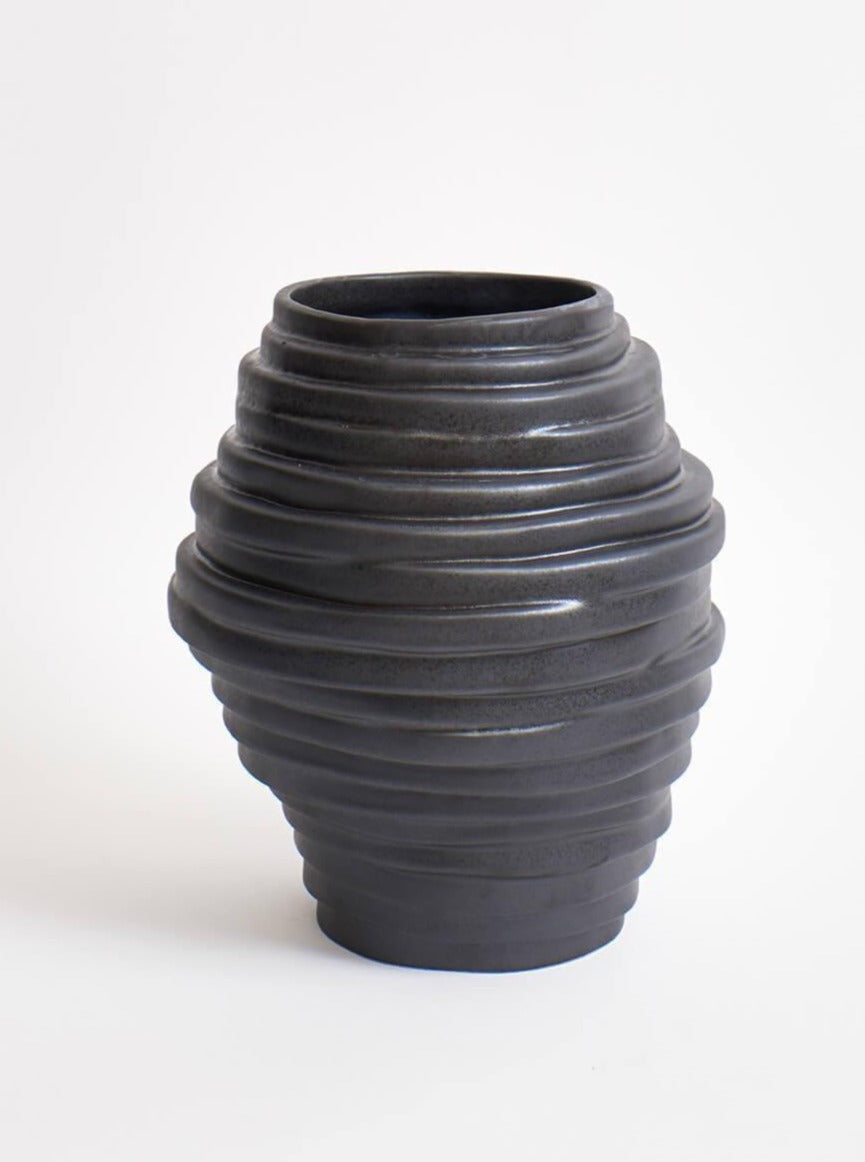 Alfonso Vase in Graphite — close-up of ridged ceramic texture