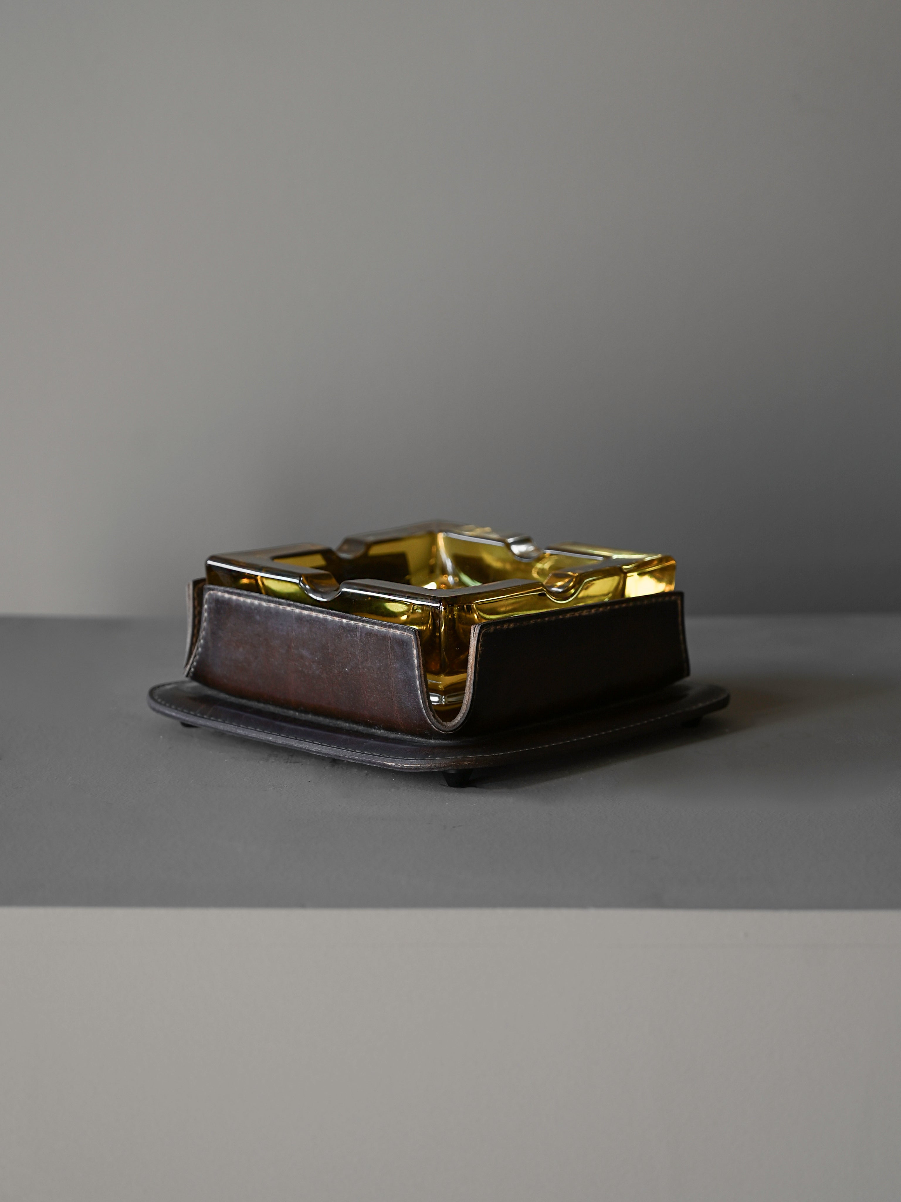 Cast-Glass and Leather Ashtray attributed to Jacques Adnet — detail view