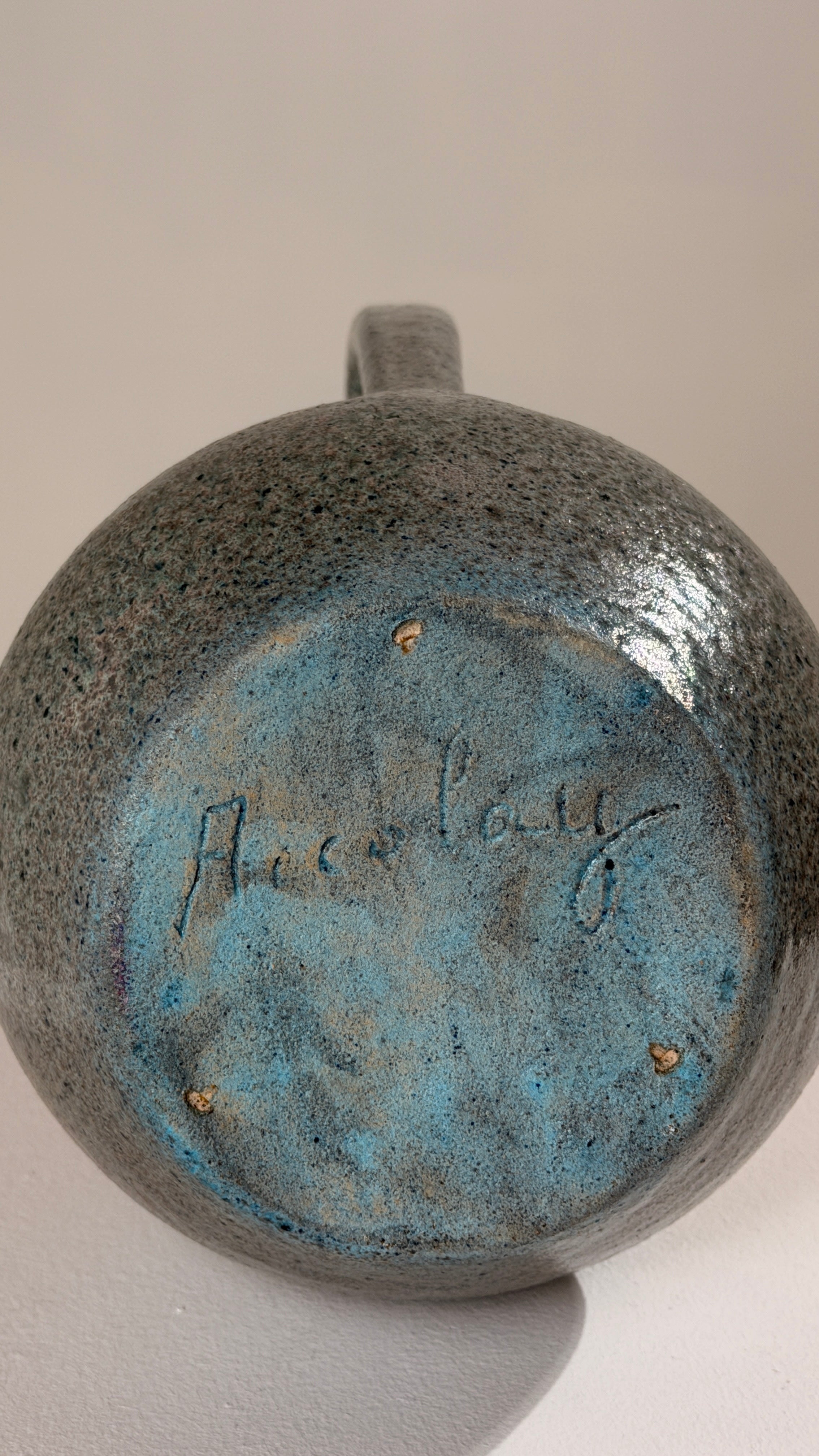 Ceramic Pitcher by Potiers d'Accolay, France, circa 1960 — top view of textured blue glaze