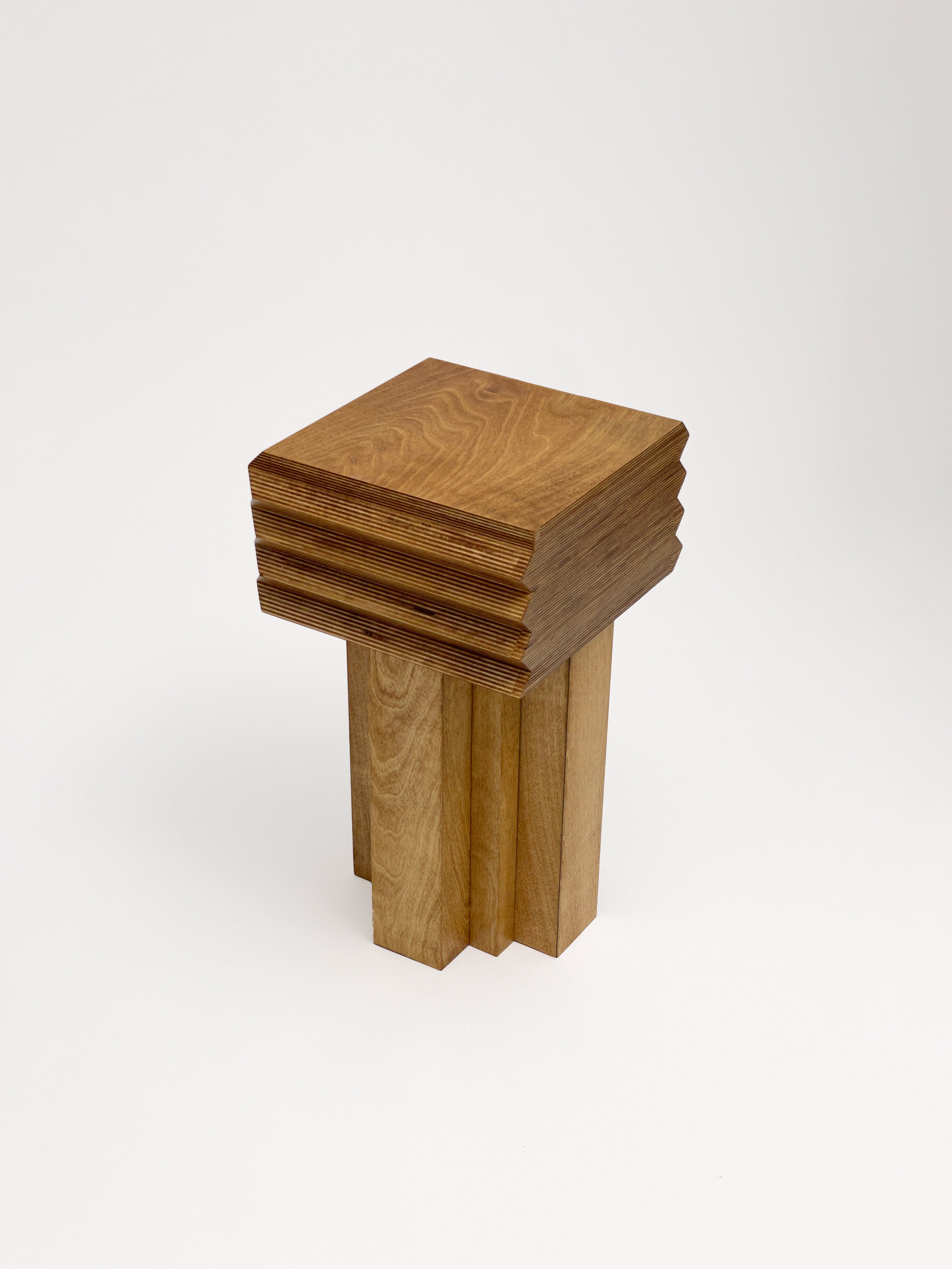 The MM Stool - Butterscotch by Goons features a modern square wooden seat with layered edges and sturdy rectangular legs, crafted by GOONS design studio in Paris, shown against a plain white background.