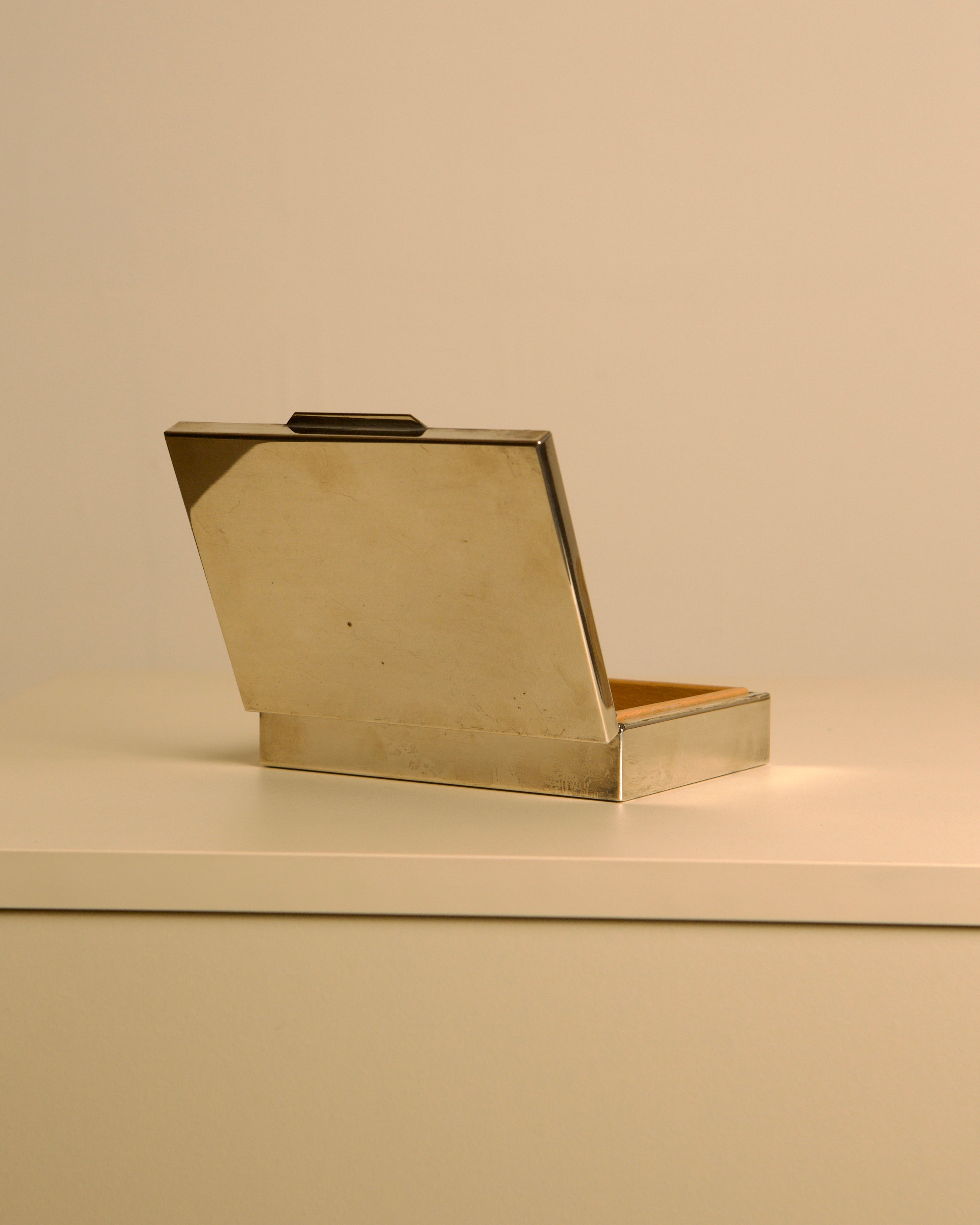 Italian Silver-plated Metal Box with a Wooden Interior, 80s — side angle showing open box on white surface