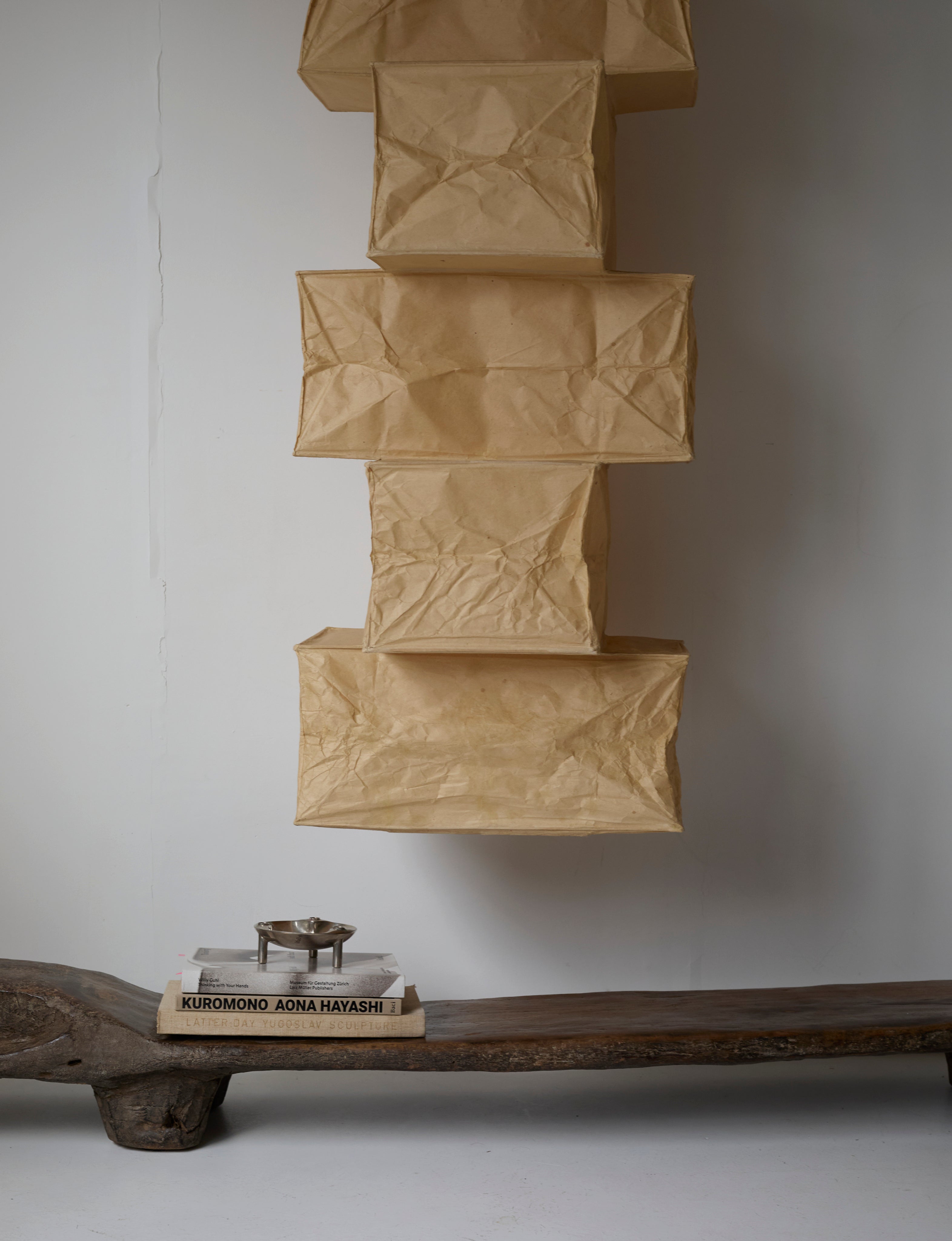 Rare Early Isamu Noguchi Akari 30P Pendant Light Sculpture Circa 1971 — detail view of crumpled paper texture