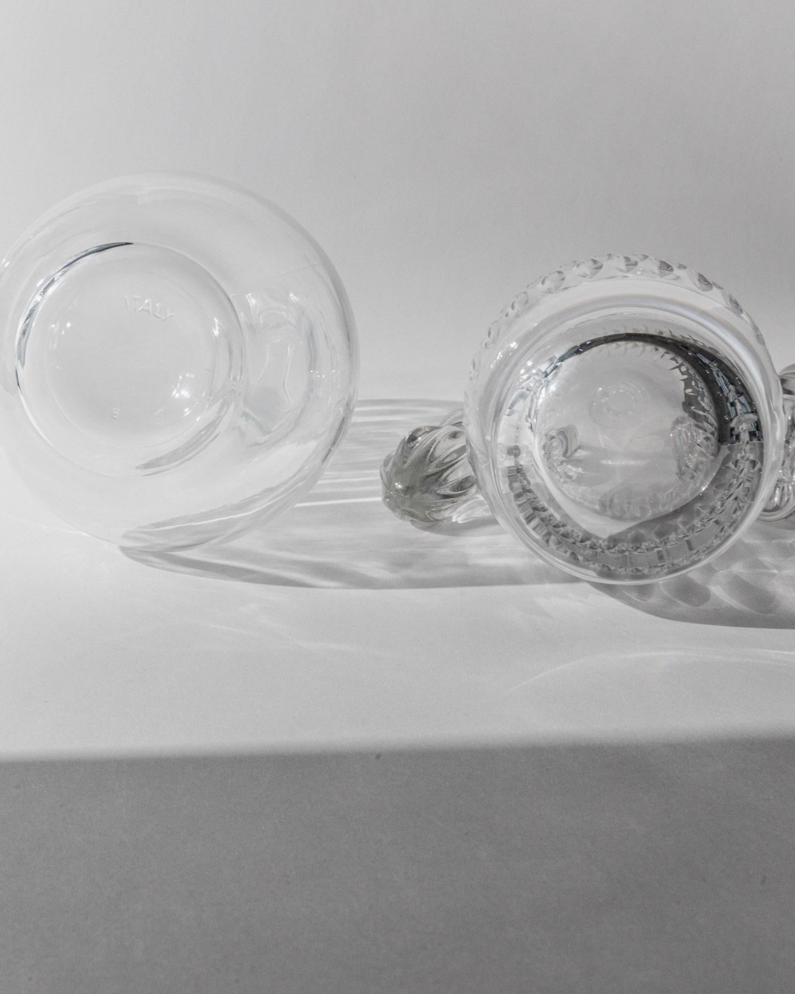 Vintage 1980s Glass Decanter Set of 2 — close-up of clear glass bases