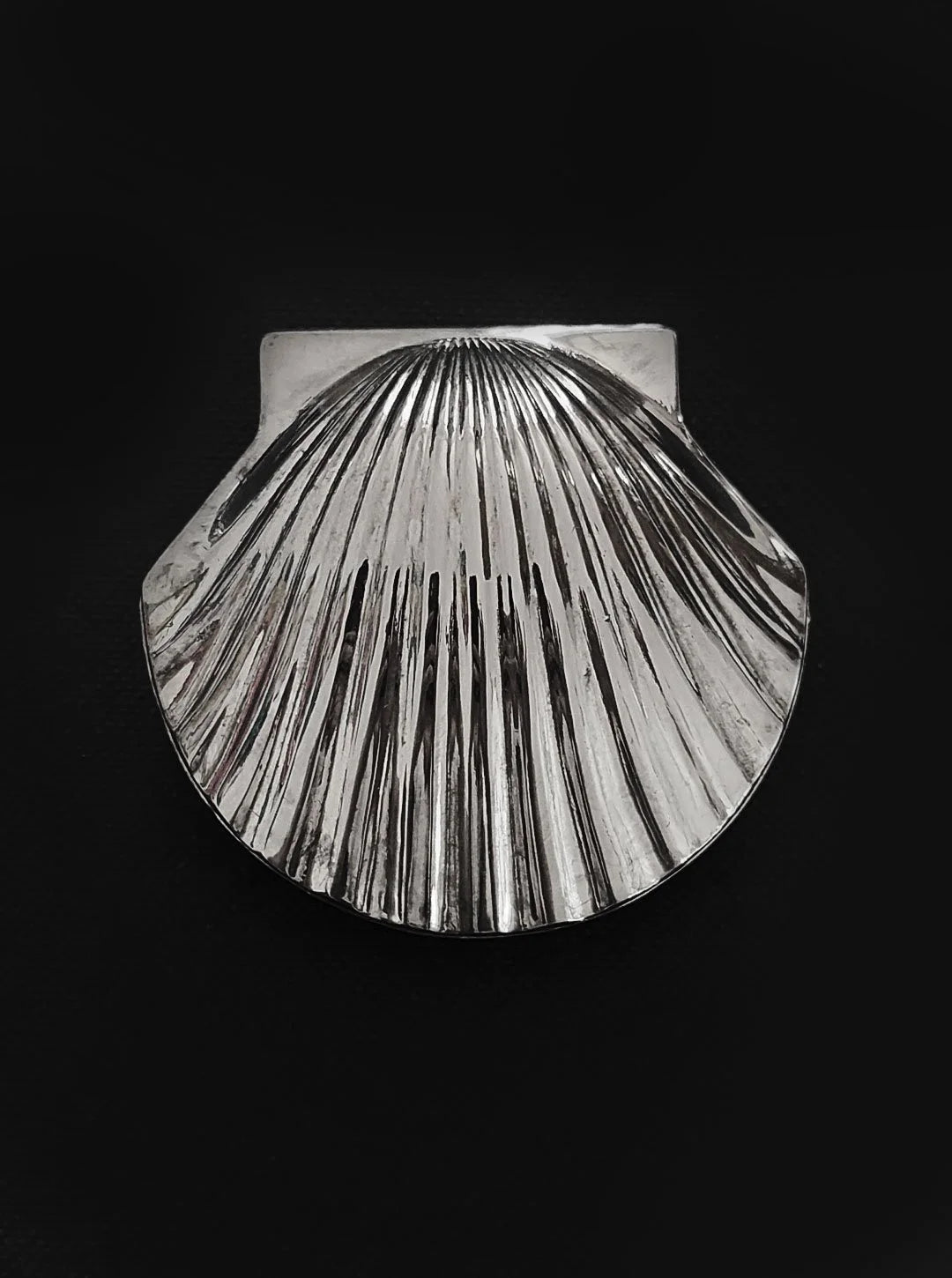 Silver-plated Shell Pill Box — side angle showing ridged shell design
