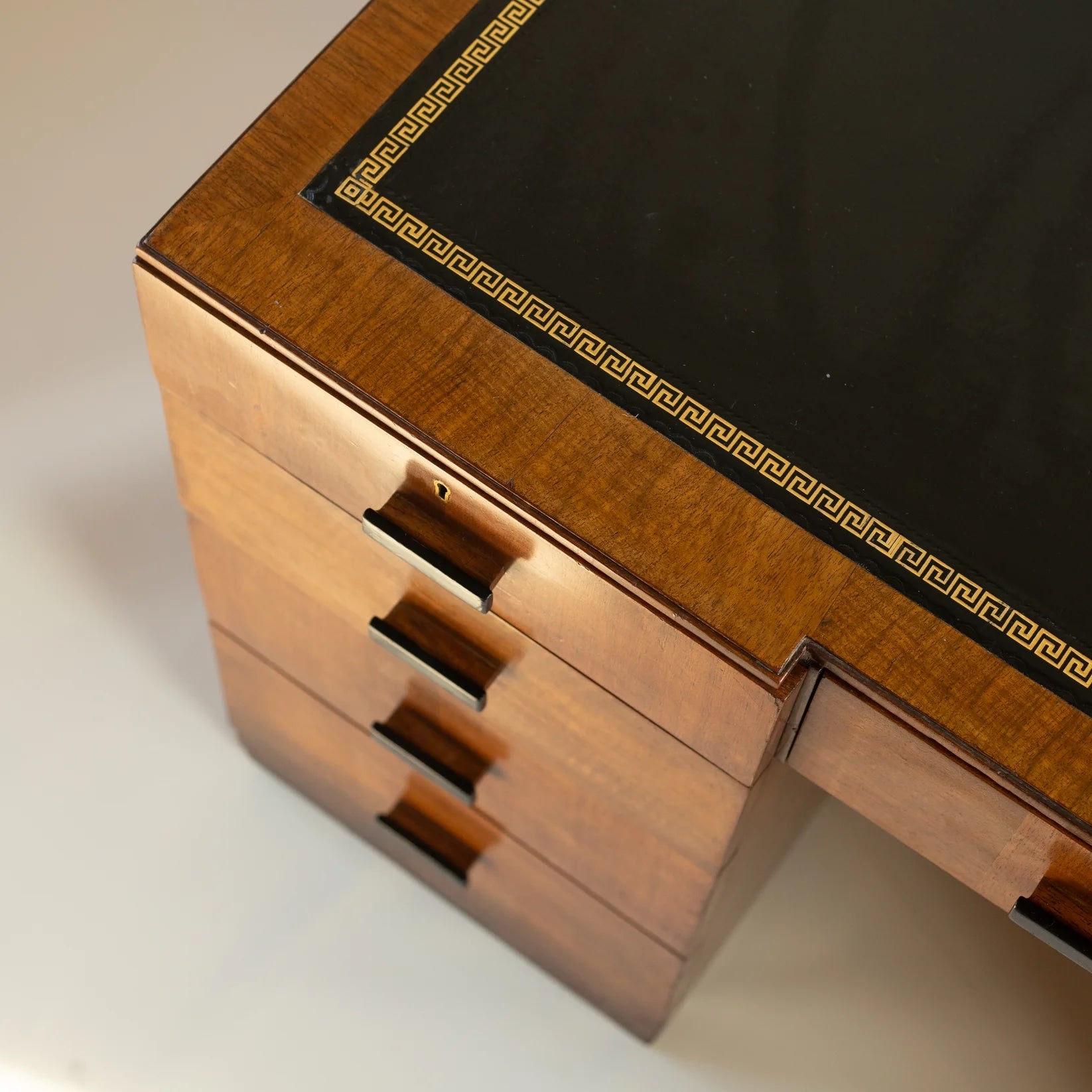 Vintage Desk in Leather - Art Deco Collection — angled view of wood grain and leather top