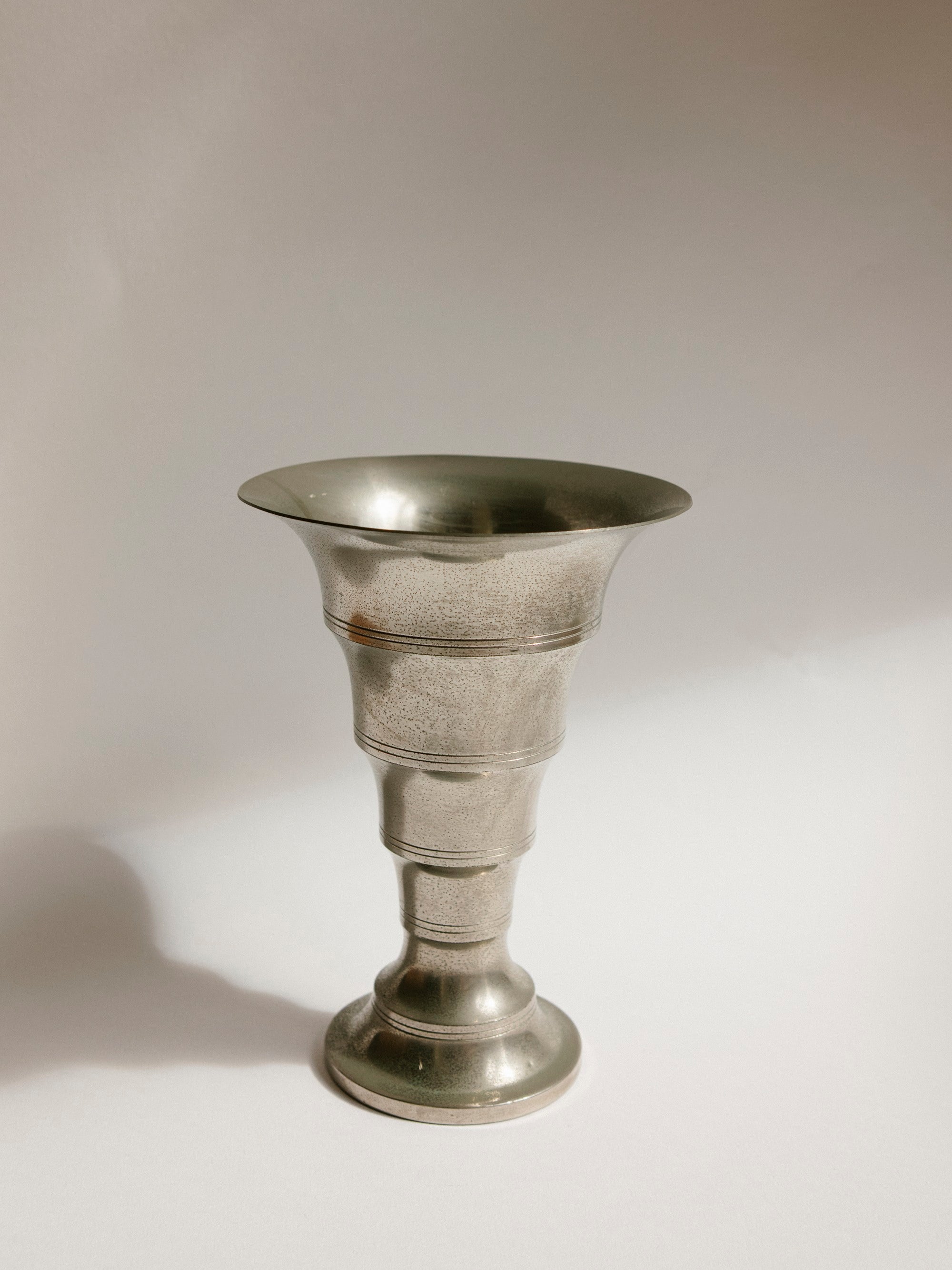 N.V. Metawa Tiel Stepped Art Deco Pewter Vase, Netherlands c. 1930s-1950s — detail view