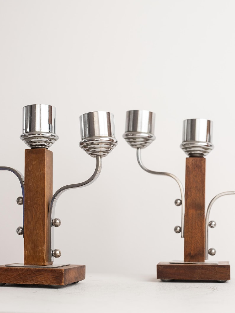 Art Deco Candle Holders Pair, Vintage Metal and Wood Candlesticks — detail view