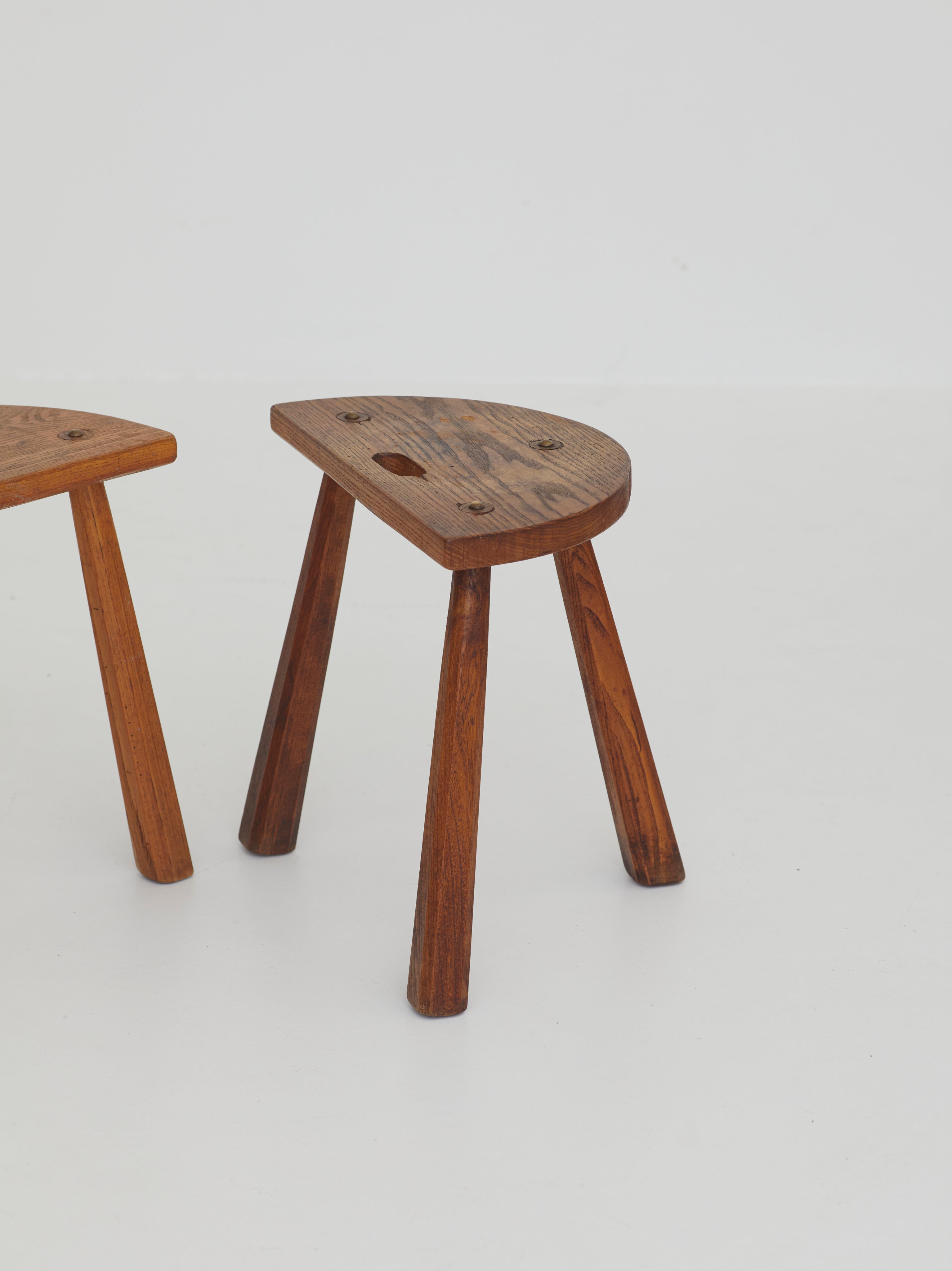 Two French Artisanal Solid Wood Half-moon Tripod Stools, Circa 1950 — close-up of wooden seat detail